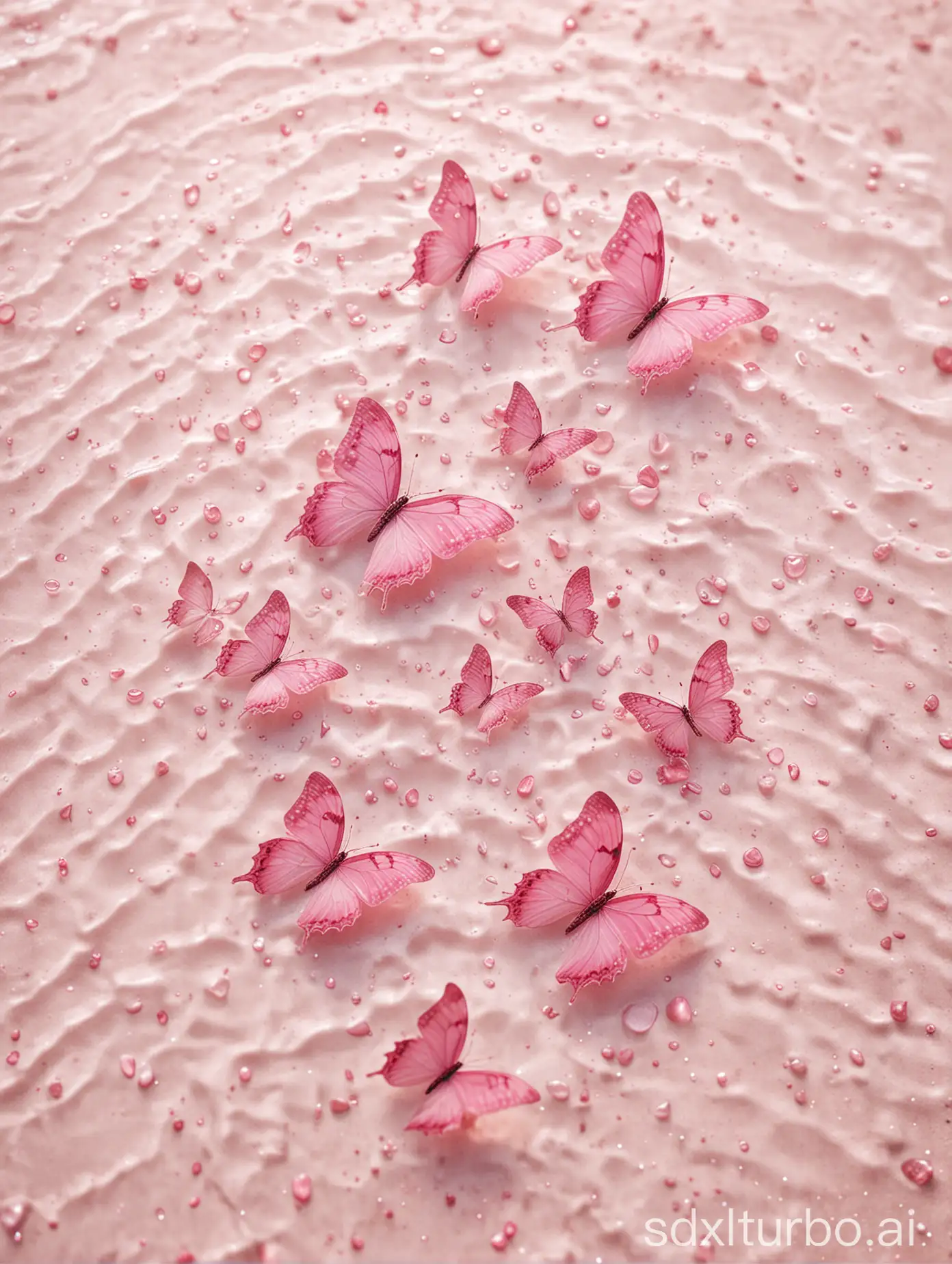 White sand beach, top view, underwater, a group of pink transparent butterflies, minimalism, wide, Gaussian blur, sparkling bright ripples, light pink tint, clear.