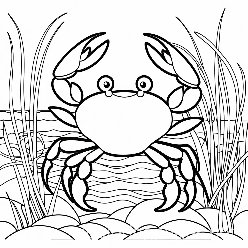 Design custom coloring pages for children featuring crabs. The coloring pages should be black and white line art with a plain white background. Emphasize simplicity and ample white space. The plain white background ensures it's easy for young children to color within the lines. The outlines of the crabs should be clear and easy to distinguish, making it simple for kids to color without too much difficulty, Coloring Page, black and white, line art, white background, Simplicity, Ample White Space. The background of the coloring page is plain white to make it easy for young children to color within the lines. The outlines of all the subjects are easy to distinguish, making it simple for kids to color without too much difficulty