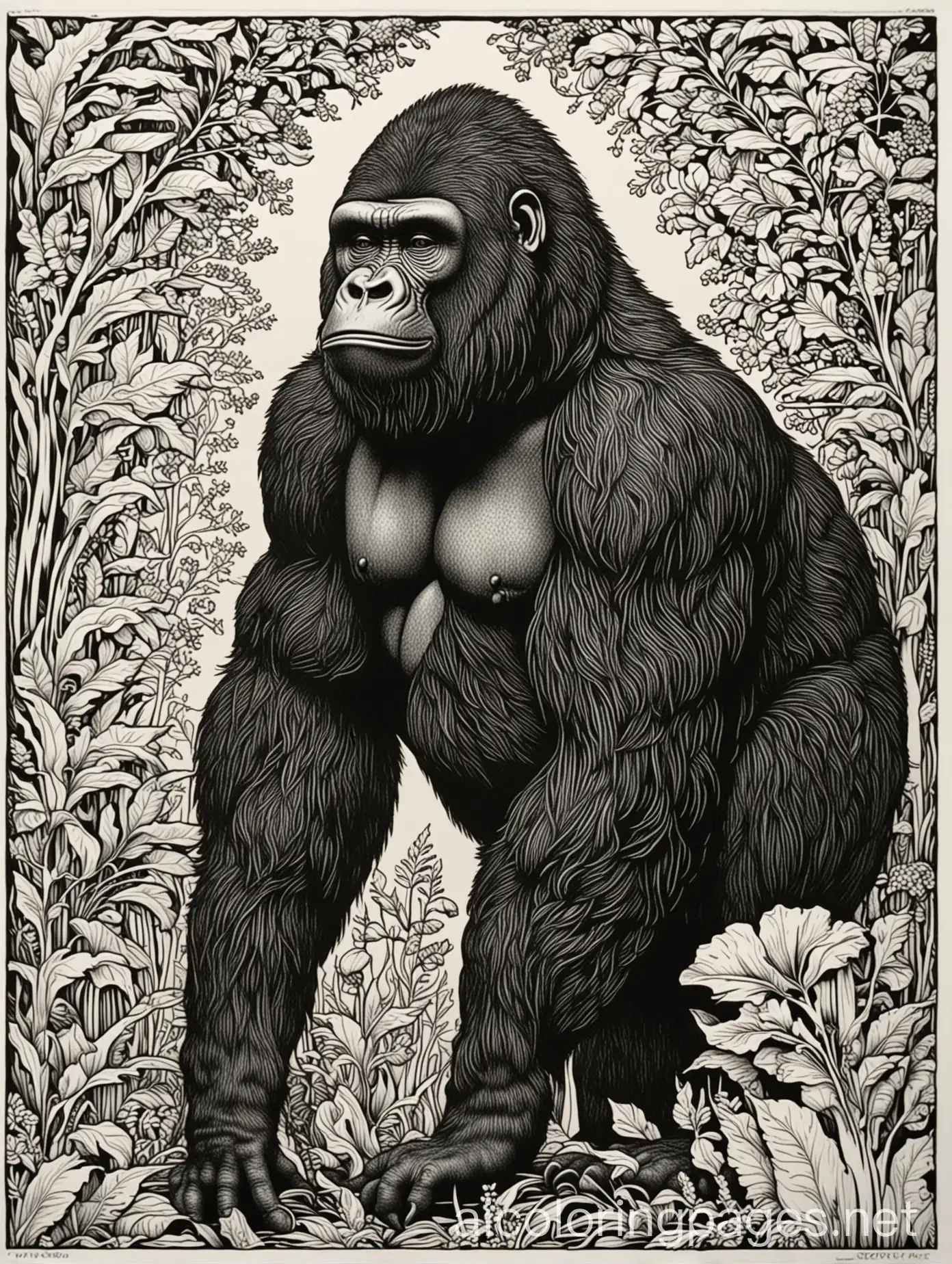 Art Nouvau gorilla, styled by Aubrey Beardsley and Meghan Duncanson elegant extremely detailed intricate vibrant beautiful dynamic lighting high definition crisp quality Woodcut coherent graceful linocut, Coloring Page, black and white, line art, white background, Simplicity, Ample White Space.