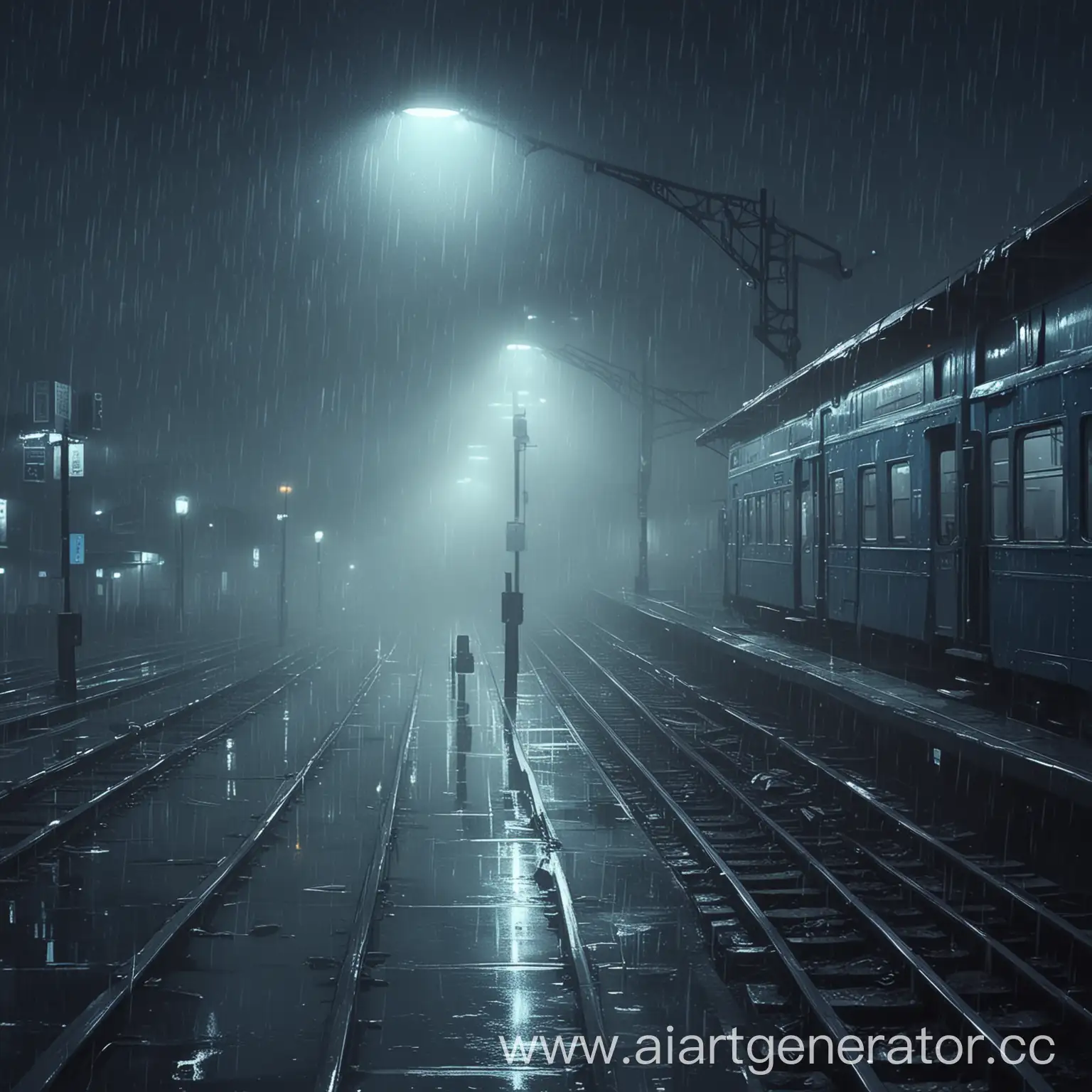 Остановочный пункт, Поезд стоит в ожидании, ночь, туман, Аниме-стиль, нелюдно, дождь, голубо-синий стиль, нагнетание
