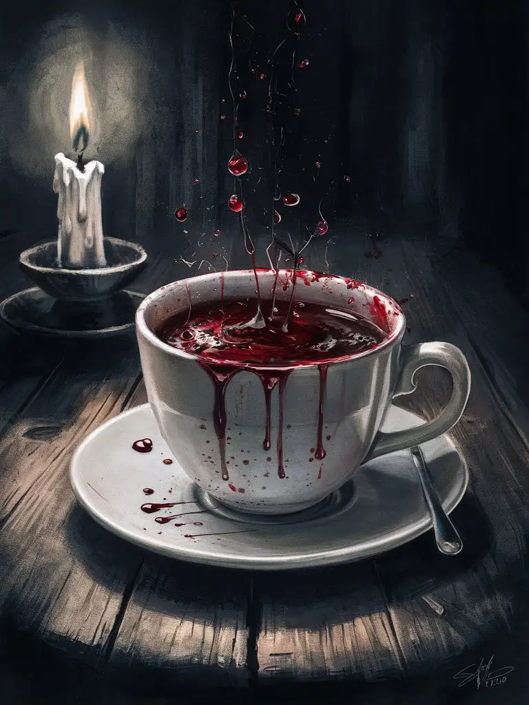 Brown Cup with Drops of Blood Mysterious and Suspenseful Scene