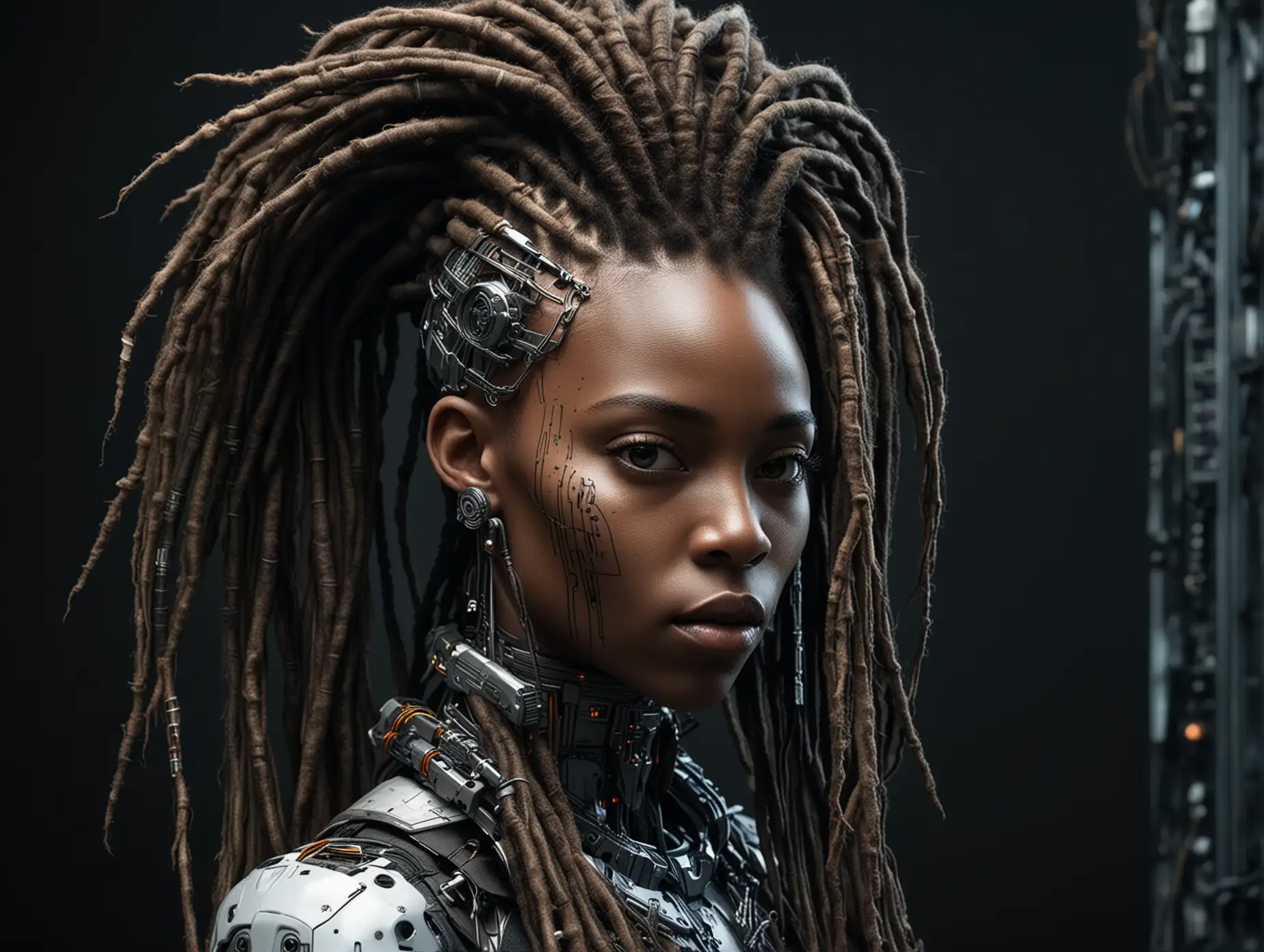 a futuristic cyborg african portrait (with long bunned dreadlock) with a black sci-fi background