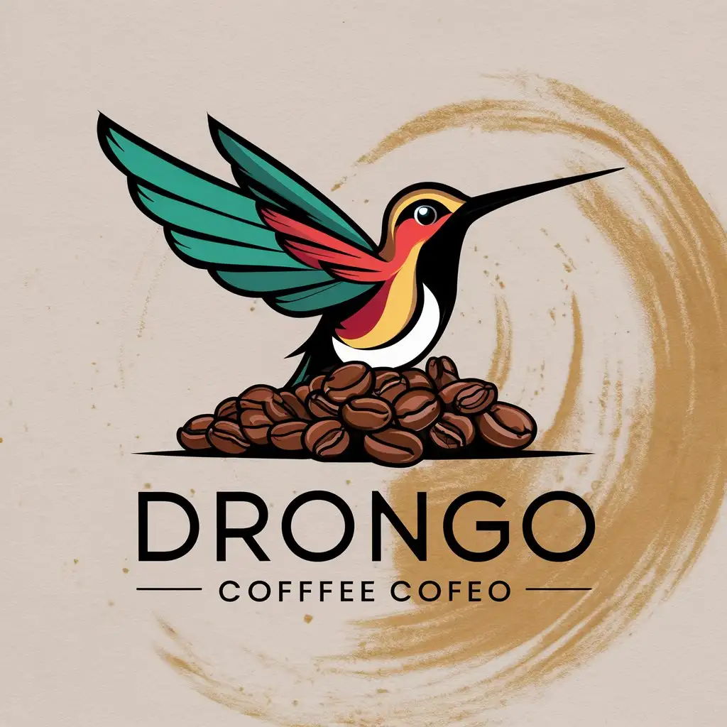 Erstelle mit ein Kaffeelogo für mein Unternehmen. Der name ist Drongo. Es soll auf dem Logo mehrere Kaffeebohnen und ein Drongo Vogel oder ein Kolibris Vogel dargestellt sein. 