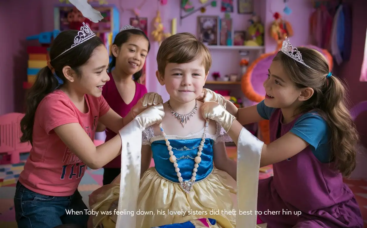 ((Gender role-reversal)), colourful Photograph of a cute little boy with short hair age 6, the boy is feeling a bit down, the boy’s 7-year-old supportive sisters are dressing the boy up in a Snow White Princess Dress with long silky gloves and a necklace and tiara to cheer him up, they are in the boy’s bedroom, adorable, perfect faces, perfect faces, clear faces, perfect eyes, perfect noses, smooth skin, the photograph is captioned “when Toby was feeling down, his lovely sisters did their best to cheer him up