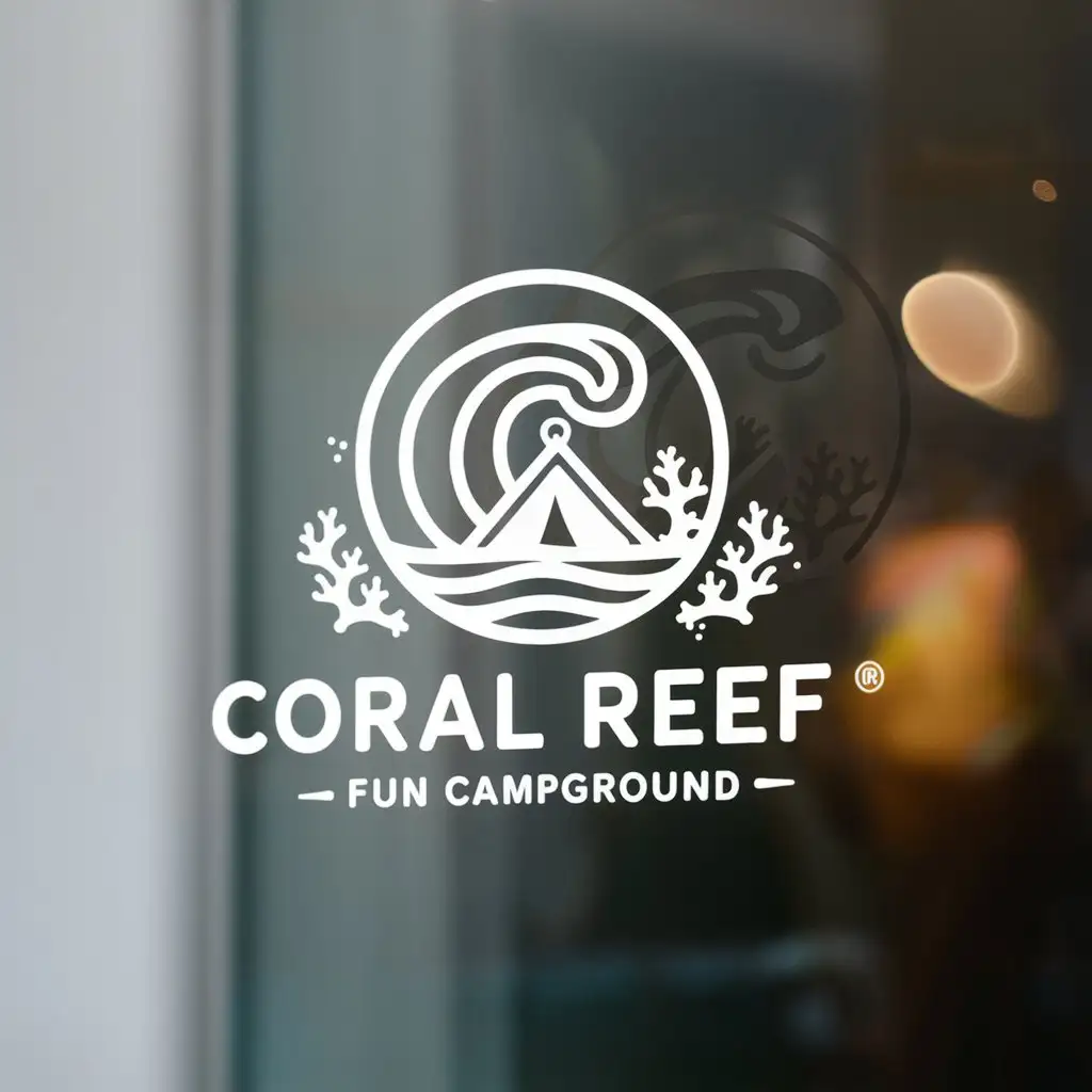 a logo design,with the text "coral reef fun campground", main symbol:logo element: sea wave, tent, coral; brand emotion: lively; image line moderate,Minimalistic,be used in Travel industry,clear background