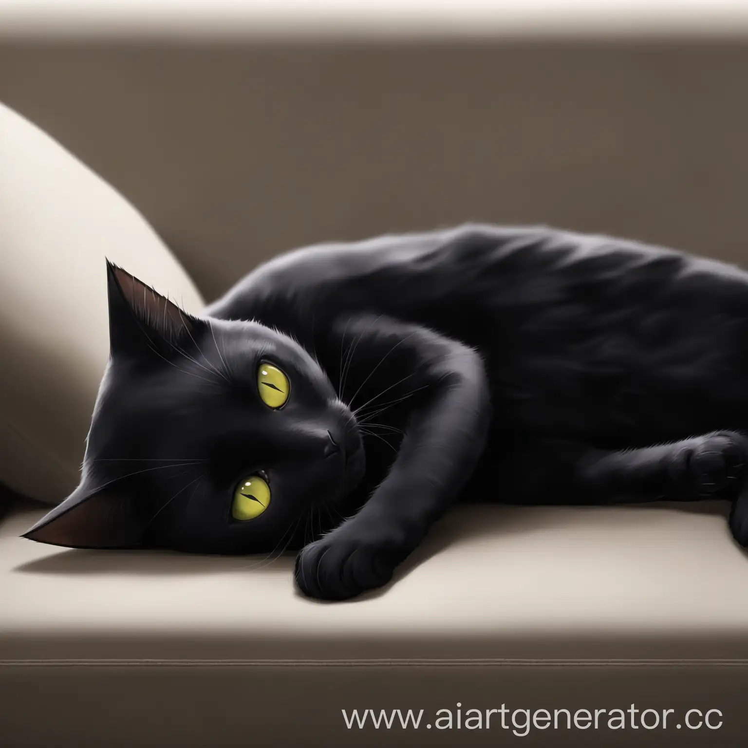 Черная кошка,которая лежит на диване