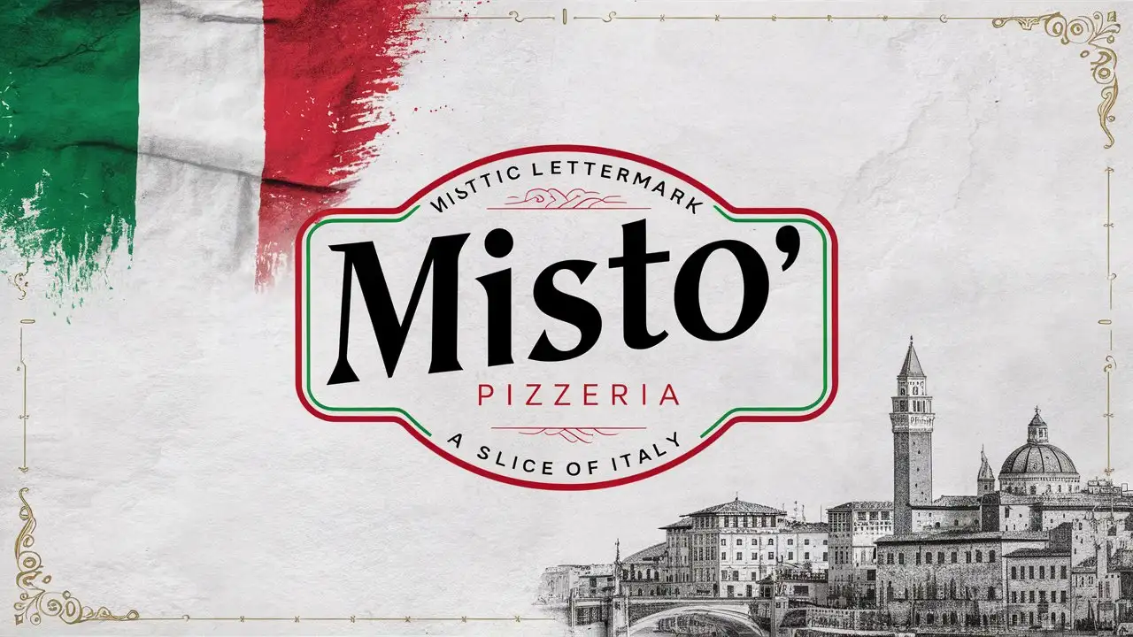 Misto' Pizzeria, Letter mark, Minimal, Edge decoration, Italian colors , Textured White Background , EST 2024 , Italy flag , Vintage, Slogan, Slice of Italy, Sketched Italian City