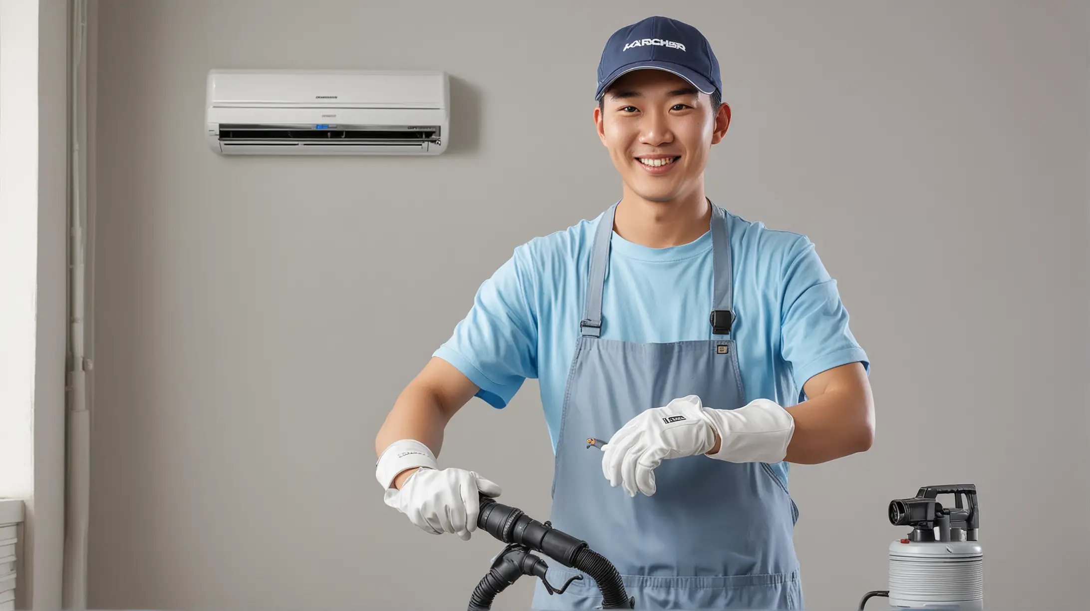 Chinese Worker Cleaning Air Conditioning with Karcher Steam Cleaner