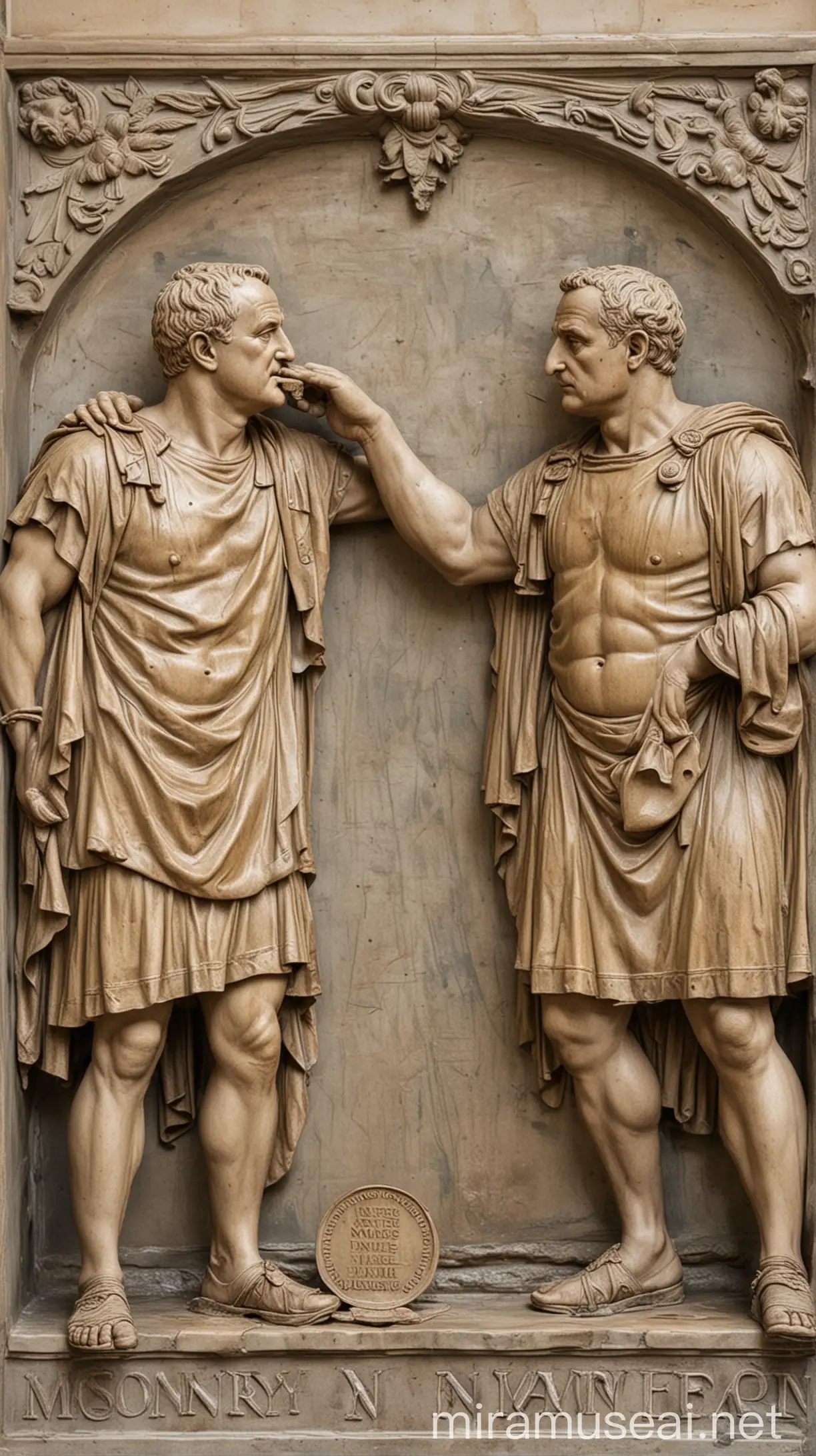 Show the confrontation between Vespasian and his son over the public urinal tax, ending with Vespasian holding a coin to his son's nose with the quote, "Money does not smell." hyper realistic