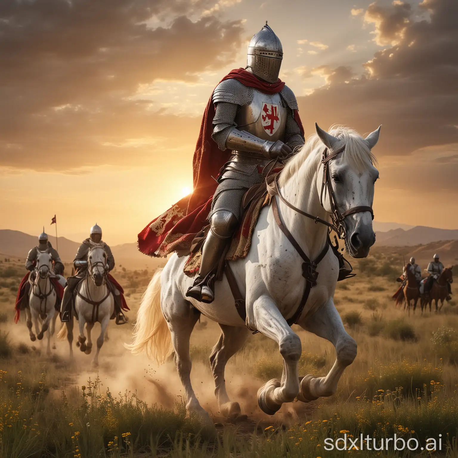 create an image of a knight galloping in a meadow. In the background should be seen the sunset in a desert. The horse must be a white Spanish breed and the knight a crusader templar. This knight and his horse are headed to battle against a battalion of Muslim soldiers