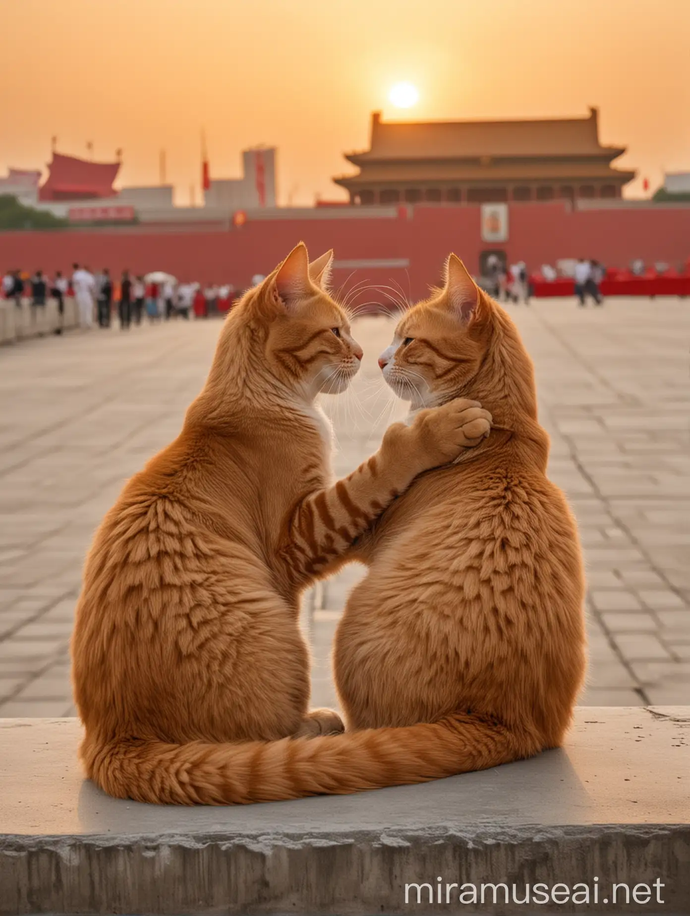 Orange Cats Nuzzling at Sunset Tiananmen Square