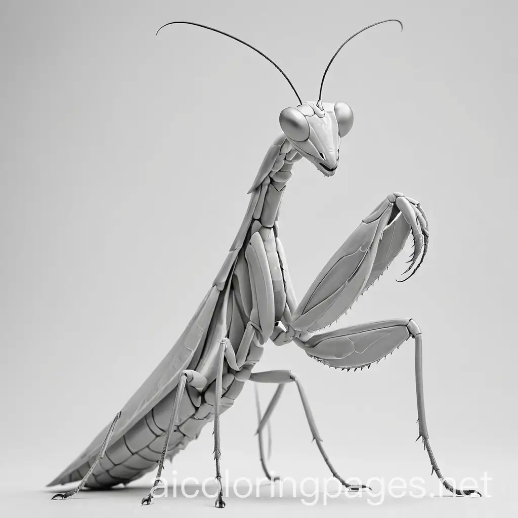 praying mantis, Coloring Page, black and white, line art, white background, Simplicity, Ample White Space. The background of the coloring page is plain white to make it easy for young children to color within the lines. The outlines of all the subjects are easy to distinguish, making it simple for kids to color without too much difficulty
