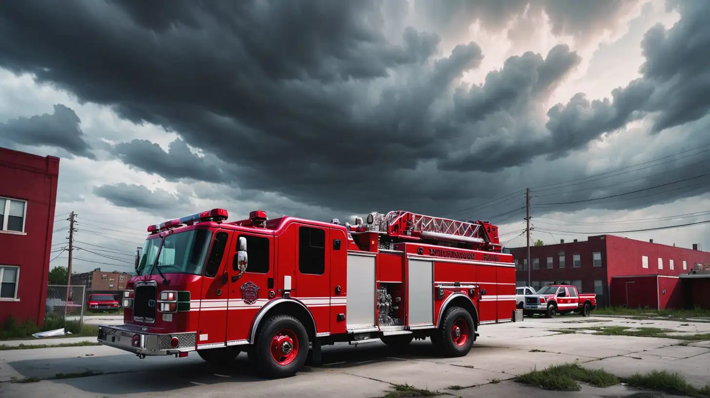 A red firetruck in the foreground, in front of a vacant city lot, cloudy sky overhead. Cinematic lighting, photographic quality, vibrant colors.
