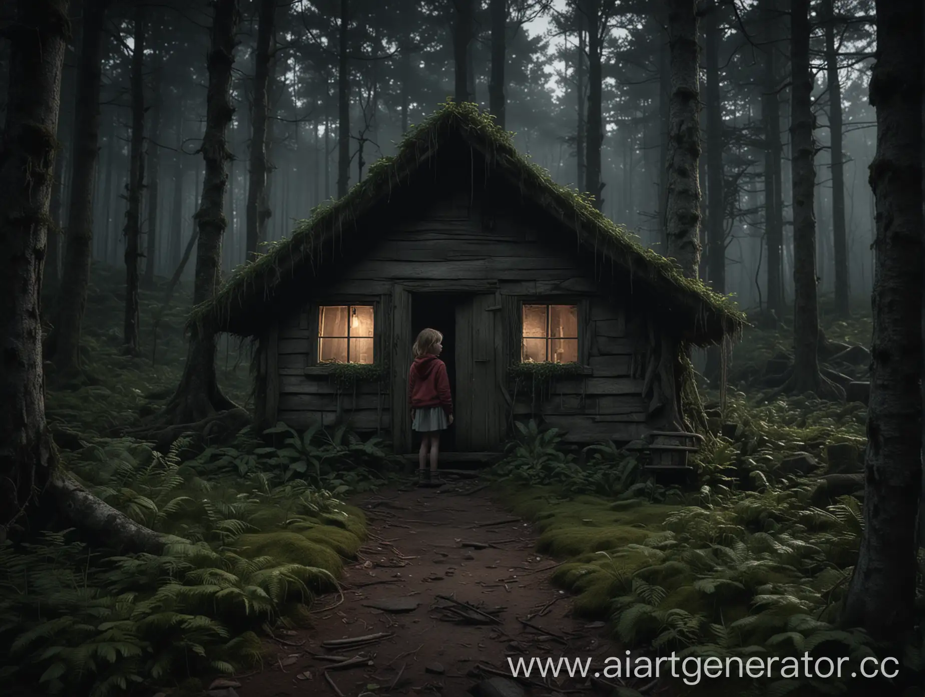 In a dark, dense forest stood a small, abandoned hut. A little girl named Anna had gotten lost and wandered aimlessly until she stumbled upon the hut. 4K cinematic