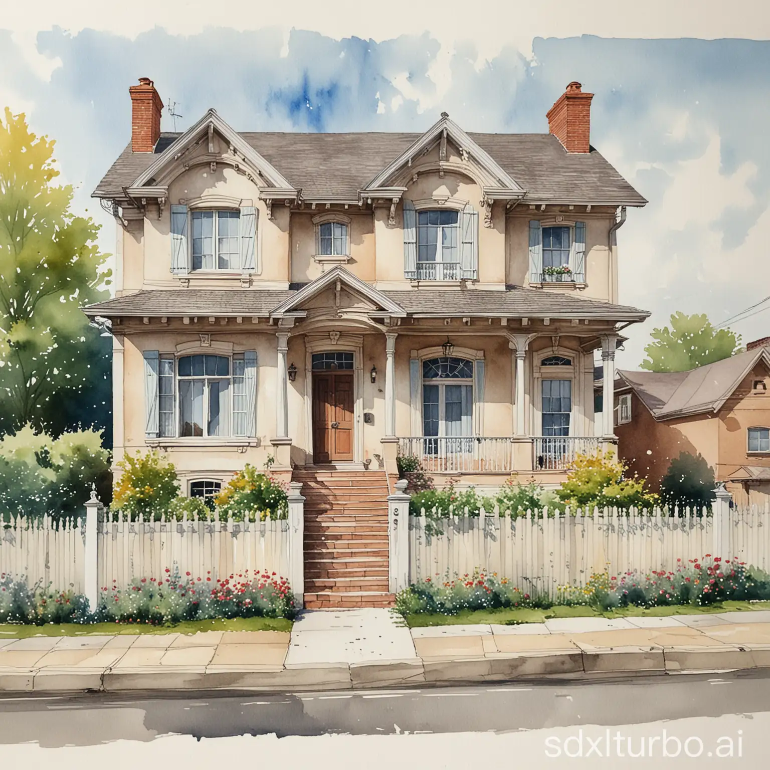 Tranquil-Watercolor-Painting-of-an-Architectural-House