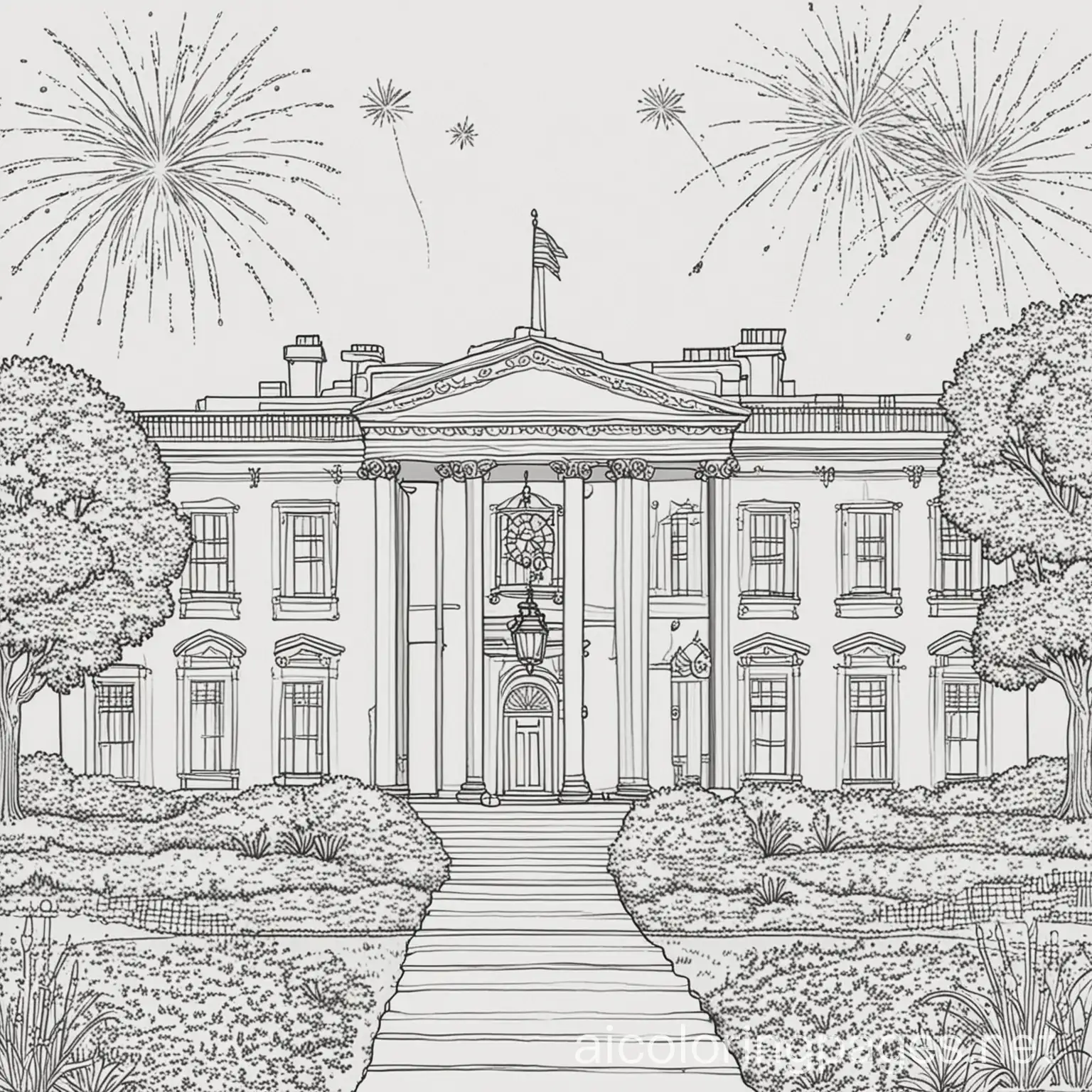 the white house in all its glory with fireworks in the air behind and above it Coloring Page, black and white, line art, white background, Simplicity,The background of the coloring page is plain white to make it easy for young children to color within the lines. The outlines of all the subjects are easy to distinguish, making it simple for kids to color without too much difficulty, Coloring Page, black and white, line art, white background, Simplicity, Ample White Space. The background of the coloring page is plain white to make it easy for young children to color within the lines. The outlines of all the subjects are easy to distinguish, making it simple for kids to color without too much difficulty 