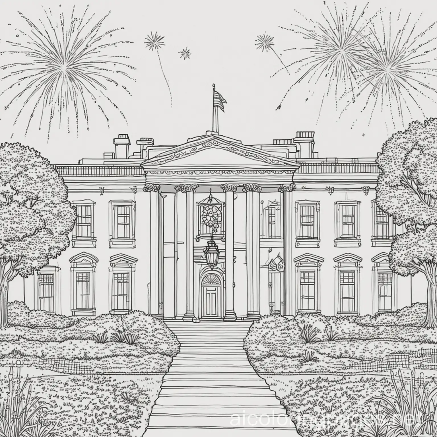 the white house in all its glory with fireworks in the air behind and above it Coloring Page, black and white, line art, white background, Simplicity,The background of the coloring page is plain white to make it easy for young children to color within the lines. The outlines of all the subjects are easy to distinguish, making it simple for kids to color without too much difficulty, Coloring Page, black and white, line art, white background, Simplicity, Ample White Space. The background of the coloring page is plain white to make it easy for young children to color within the lines. The outlines of all the subjects are easy to distinguish, making it simple for kids to color without too much difficulty