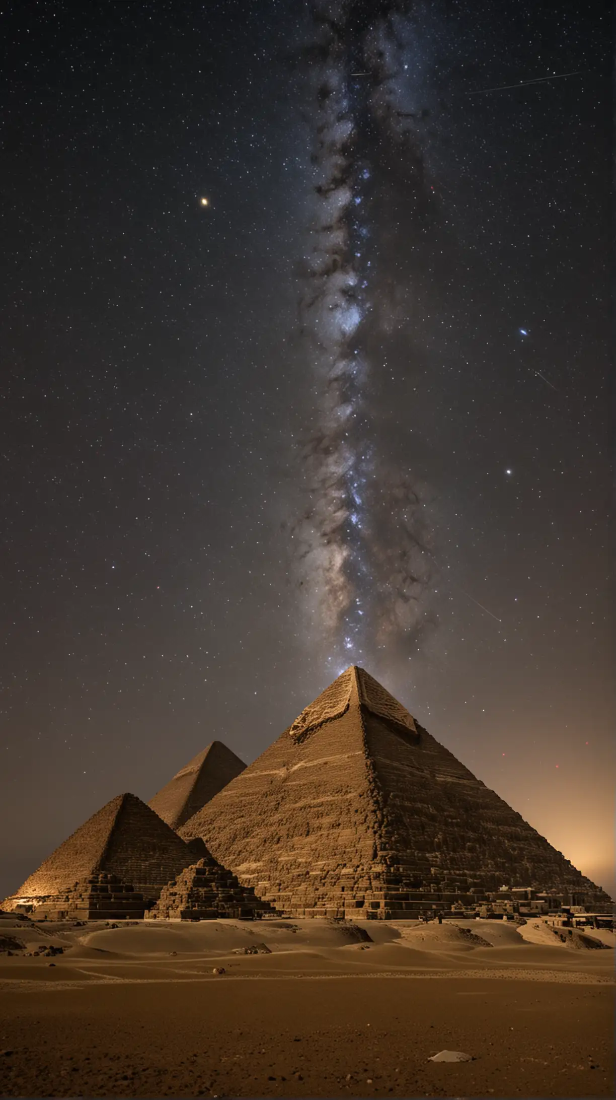 Astronomical Alignment: An image showing the Great Pyramid of Giza perfectly aligned with the cardinal points (north, south, east, and west). Include a clear night sky with visible stars, and lines showing the alignment.