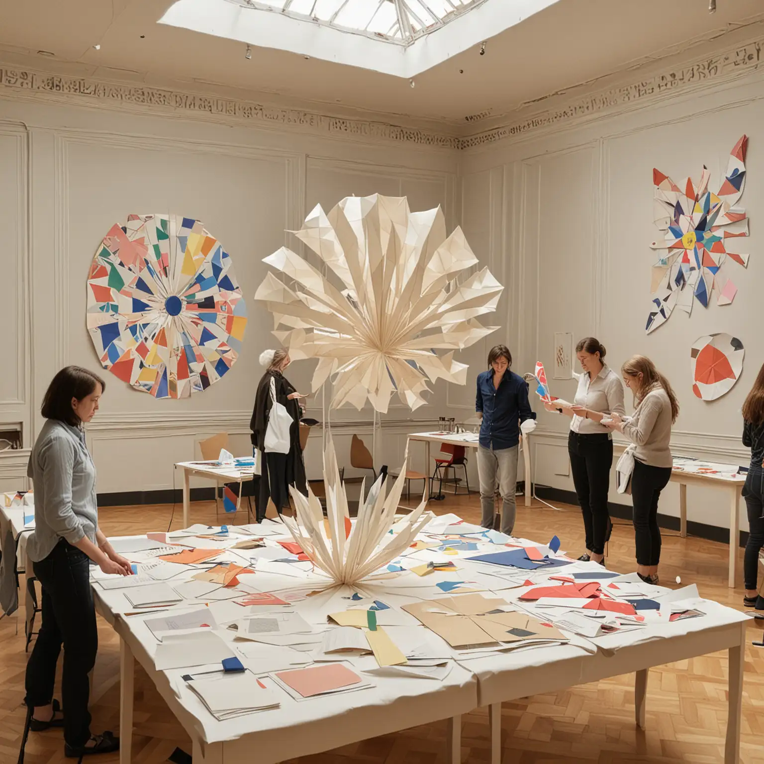 AIcreating art for exhibition inspired by himla af klint and kandinsky, with big paper origami sculpture in middle of room. People working with the paper origami sculpture exhibition, curator and designer, in middle of room.
