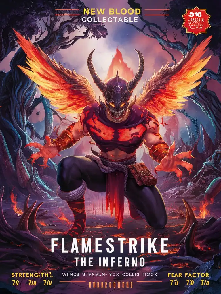 --chaos 500, 8k 16k card 'New Blood' inspired add bold text""New Blood Collectable"" complex "Flamestrike the Inferno" card include name "Flamestrike the Inferno" manga card include stats"Strength: 9/10""Speed: 6/10""Agility: 7/10""Fear Factor: 8/10" premium 14PT card stock authenticated breathtaking 8k 16k visuals, radiating with vibrant uhd palette of uhd colors, uhd detailed uhd atmosphere,  intricate uhd details, H.R. Giger-uhd infused uhd surrealism, uhd hero style, uhd fantasy hero scene, natural and perfect uhd lighting, twisted uhd hero uhd imagination by Tim Burton, uhd octane rendering. bad-picture-chill-75v, ral-dissolve