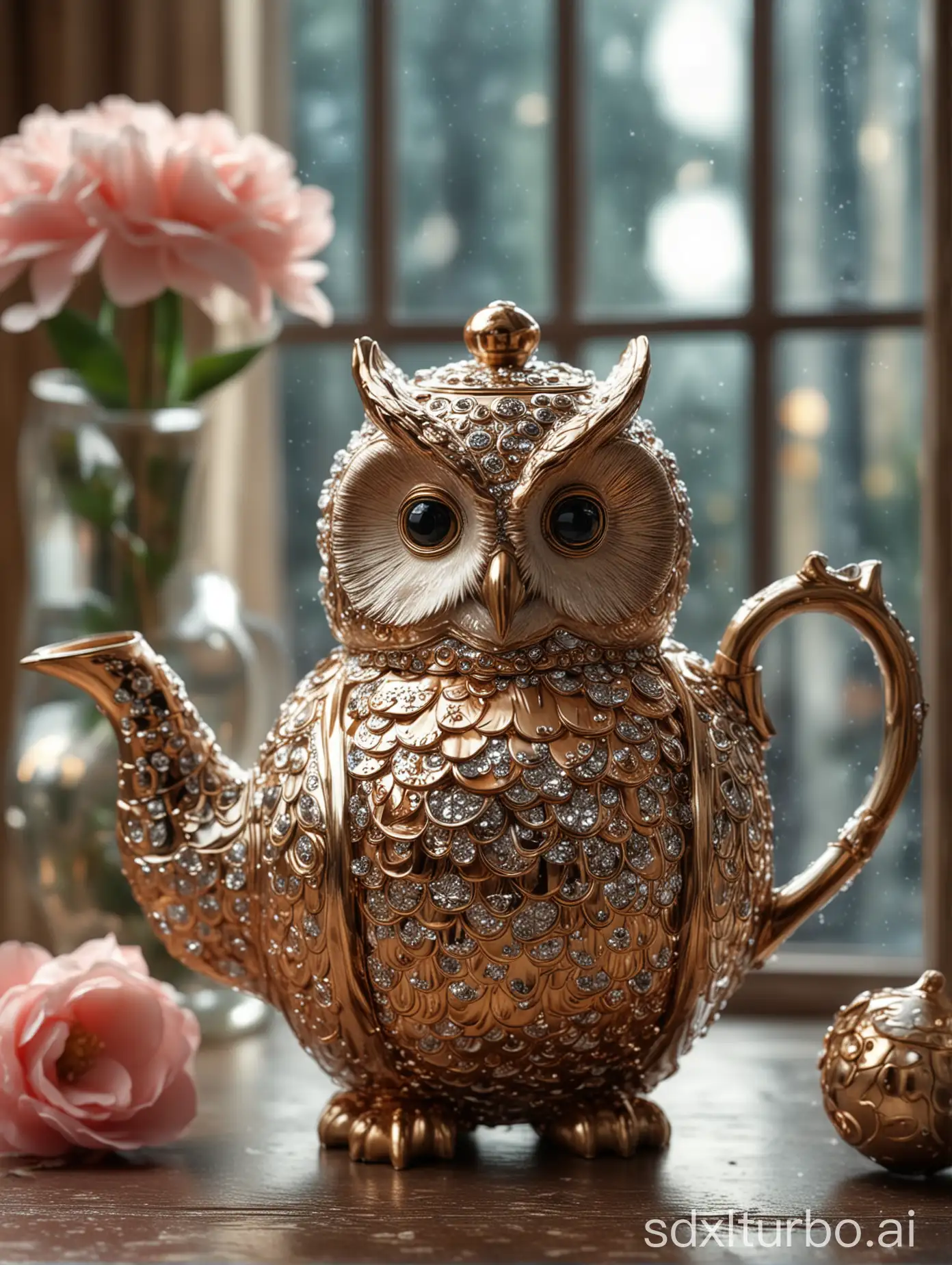 Amazing Owl Teapot. camellias. shiny glittering ornaments. gorgeous decoration, window at backgrounds: Professional photography, bokeh, natural lighting, canon lens, high contrast, high resolution intricate details, HDR, beautifully shot, hyperrealistic, sharp focus, 64 megapixels, perfect composition