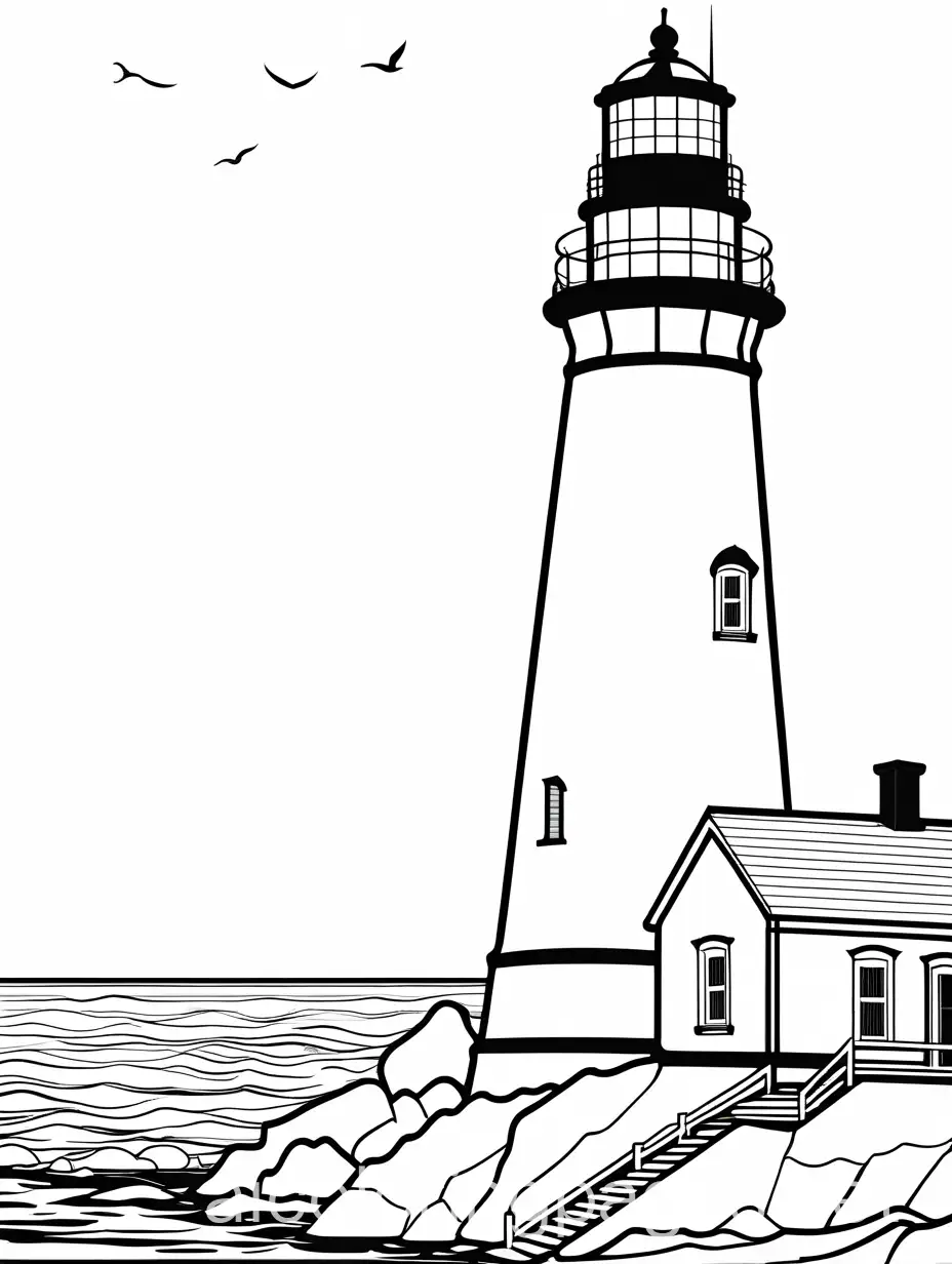 Cape Elizabeth lighthouse coloring page, Coloring Page, black and white, line art, white background, Simplicity, Ample White Space. The background of the coloring page is plain white to make it easy for young children to color within the lines. The outlines of all the subjects are easy to distinguish, making it simple for kids to color without too much difficulty