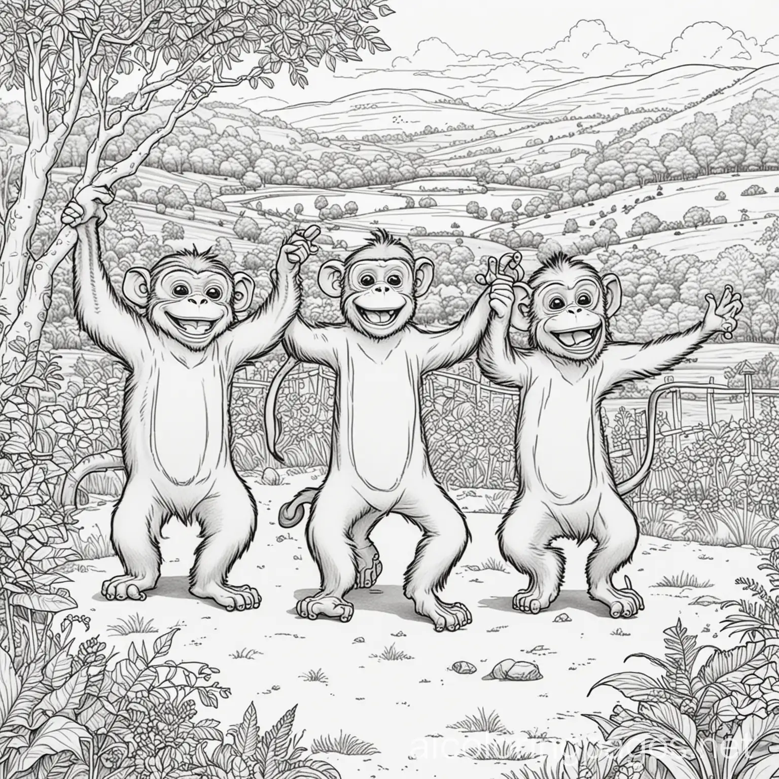 Create a cartoonish picture of  
cartoon  monkeys  dancing in a party   in the English countryside, Coloring Page, black and white, line art, white background, Simplicity, Ample White Space. The background of the coloring page is plain white to make it easy for young children to color within the lines. The outlines of all the subjects are easy to distinguish, making it simple for kids to color without too much difficulty