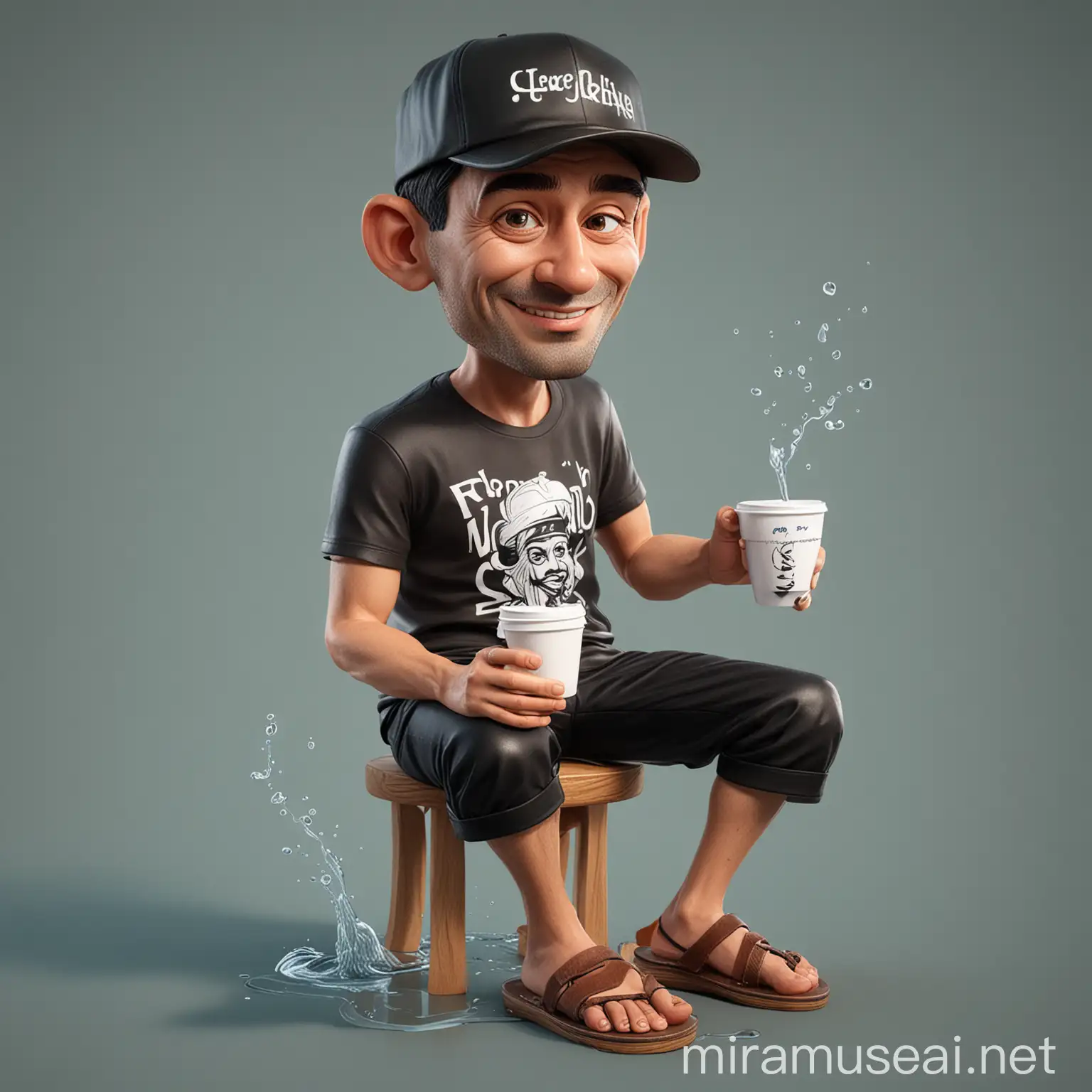 Caricature 3D Realist of a man wearing a hat, wearing a  t-shirt, black trousers and flip-flops, with the illustration name "Ngopi", 3d rendering, photo, realistic. with a cup of coffee and sitting on a large cup while sipping splashes of water.