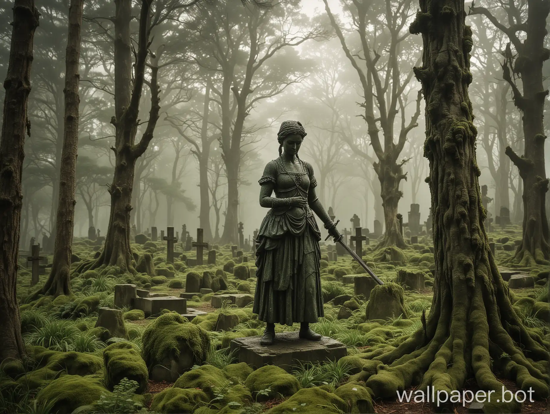 gloomy image of a large green and ancient garden with many ancient pine trees with dark and damp trunks with mosses, antique concrete full body statue with mosses, of a screaming peasant girl, wearing 18th century clothes, wearing a pointed black crown on her head and wielding a black sword claymore at shoulder height,  A dark late afternoon, the sun disappearing on the horizon behind the serious statue, ground all grassy with mist, focus on the statue