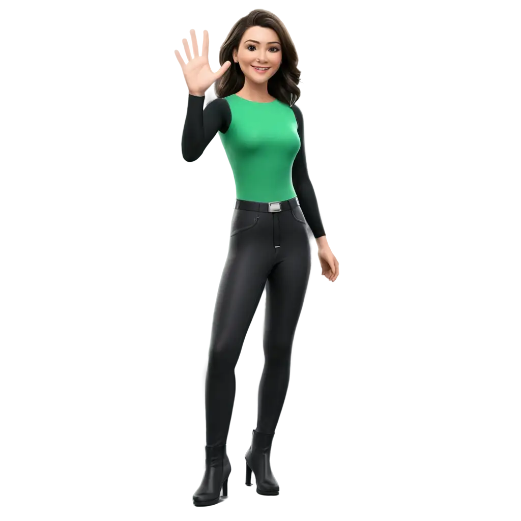 a 3d realistic woman smiling and wearing a professional black-green outfit with black boot shoes standing while extending one hand out