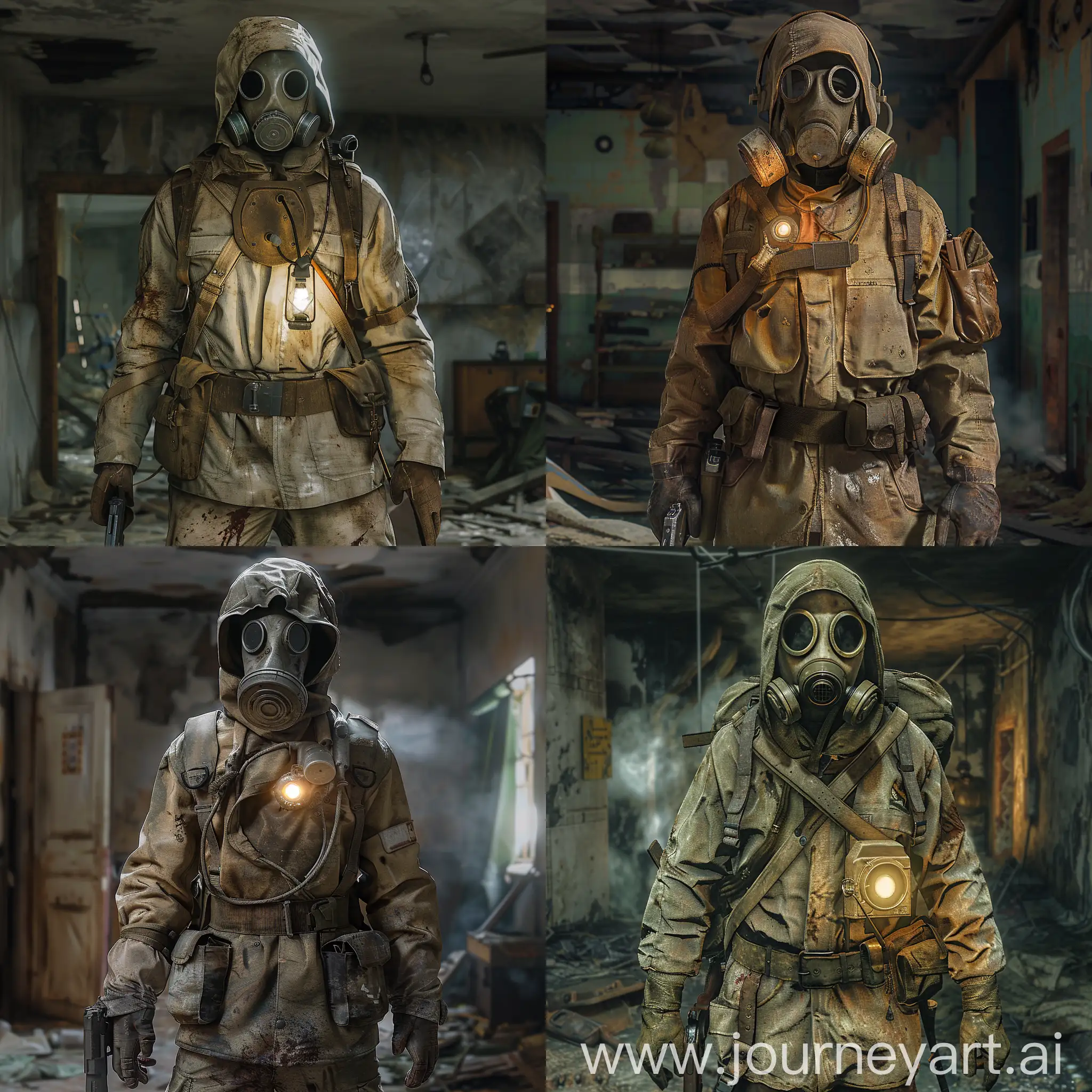 The stalker is a lone newcomer, a gas mask, a dirty light brown jacket, a Soviet belt, a small backpack on his back, a light military discharge on his body, a chest lamp, a pistol in one hand, the stalker stands in a random location from the game STALKER Shadow of Chernobyl.