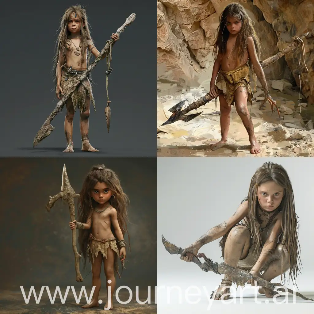 A stone age female young kid with long hair that is barefoot and she is holding a weapon that is also in the stone aged theme and the image is shown fully