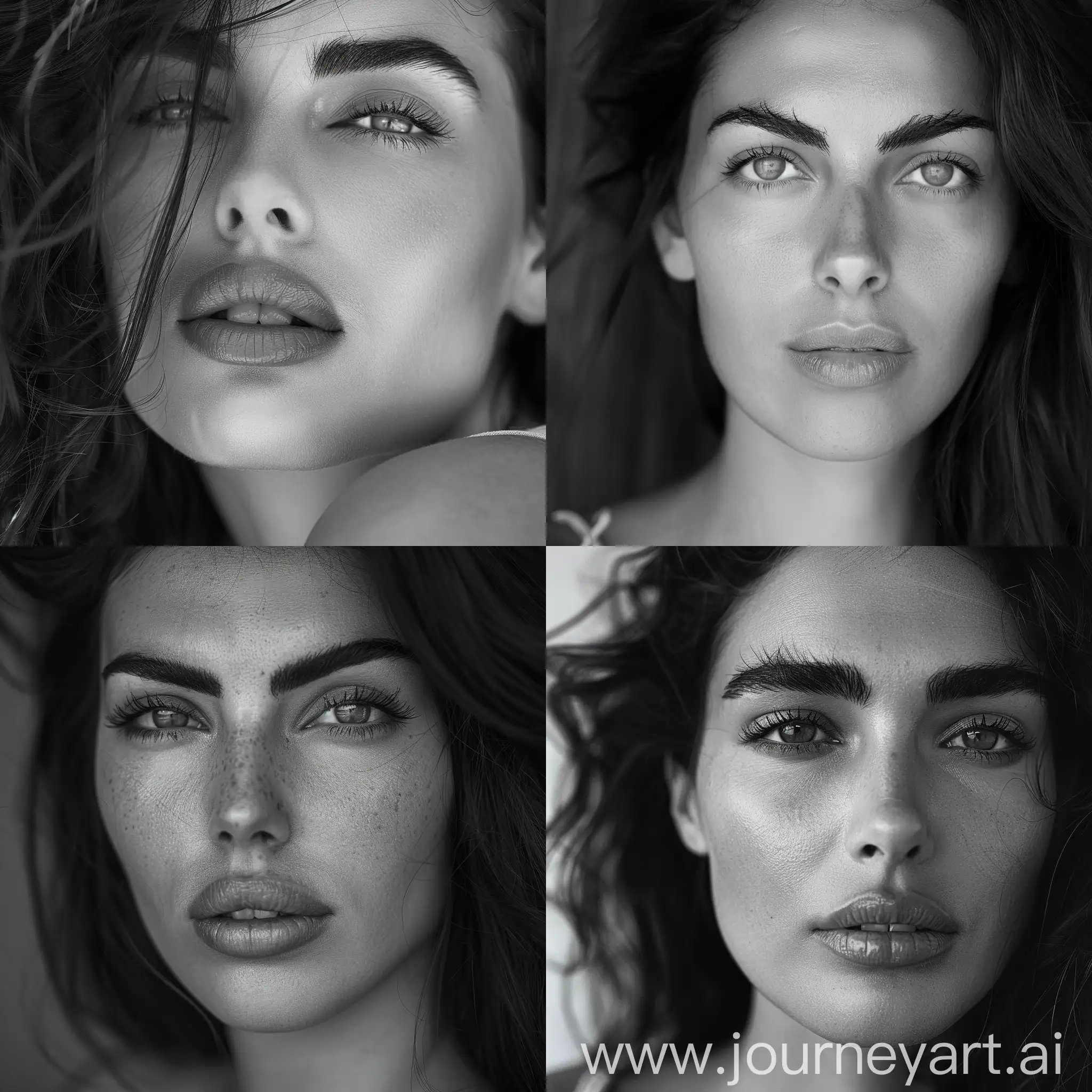 Photo: Portrait of Greek woman with broad nose, bushy eyebrows, full hair, big lips, seductive look, captivating portrait 