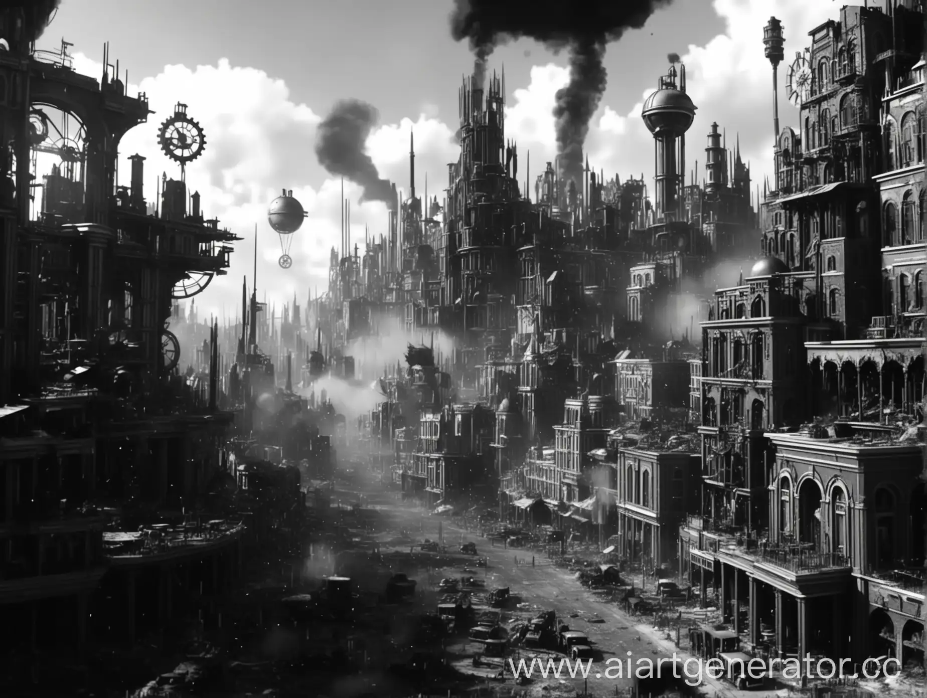 black and white destroyed cinematic steampunk city in the style of lies of p in 4k