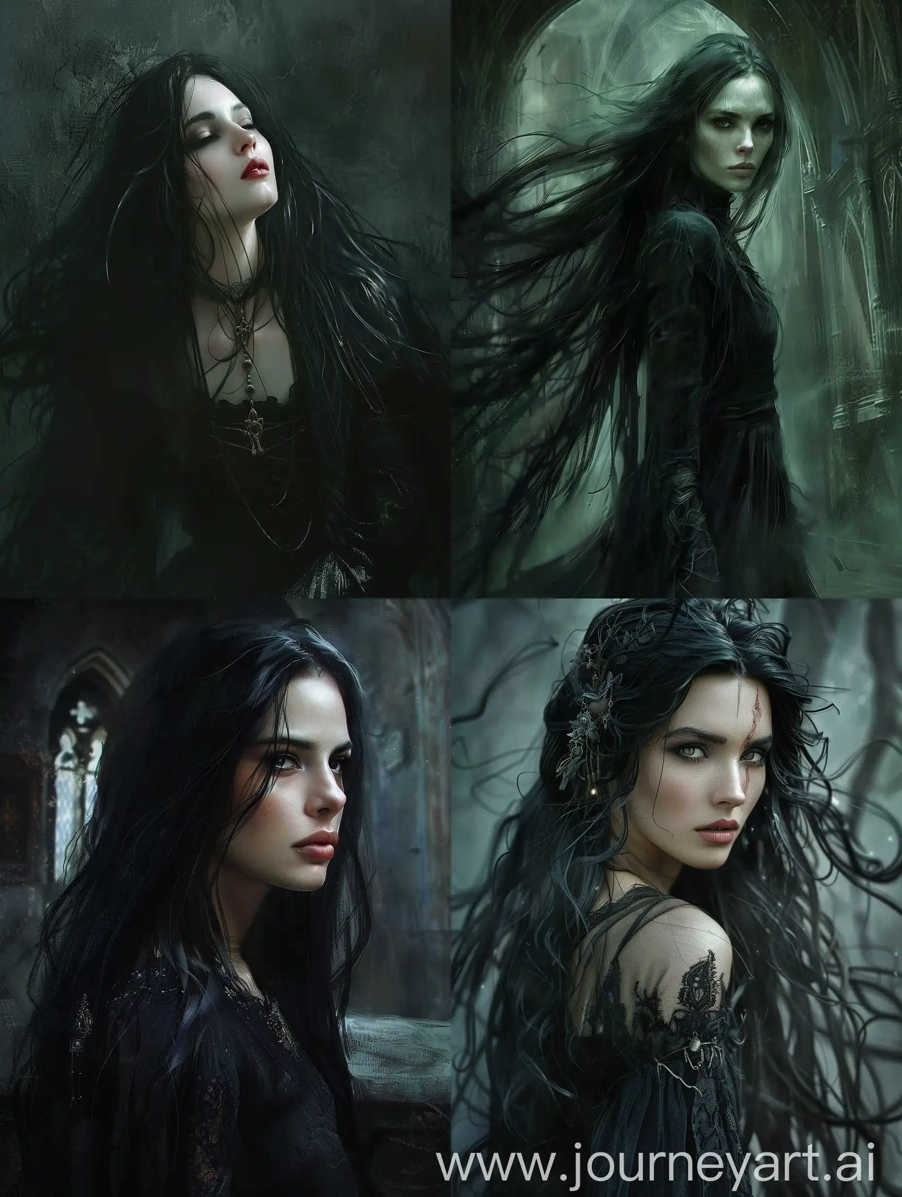 Striking dark surrealistic style, fantasy, horror, dark occult realism

Highly stylized, dramatic lighting , sense of supernatural

A dark wizardess of immense otherworldly power: 

Pale, thin, very beautiful in a dark otherworldly manor, long flowing black hair.

--V6 -- Raw style -- MIDJOURNEY.