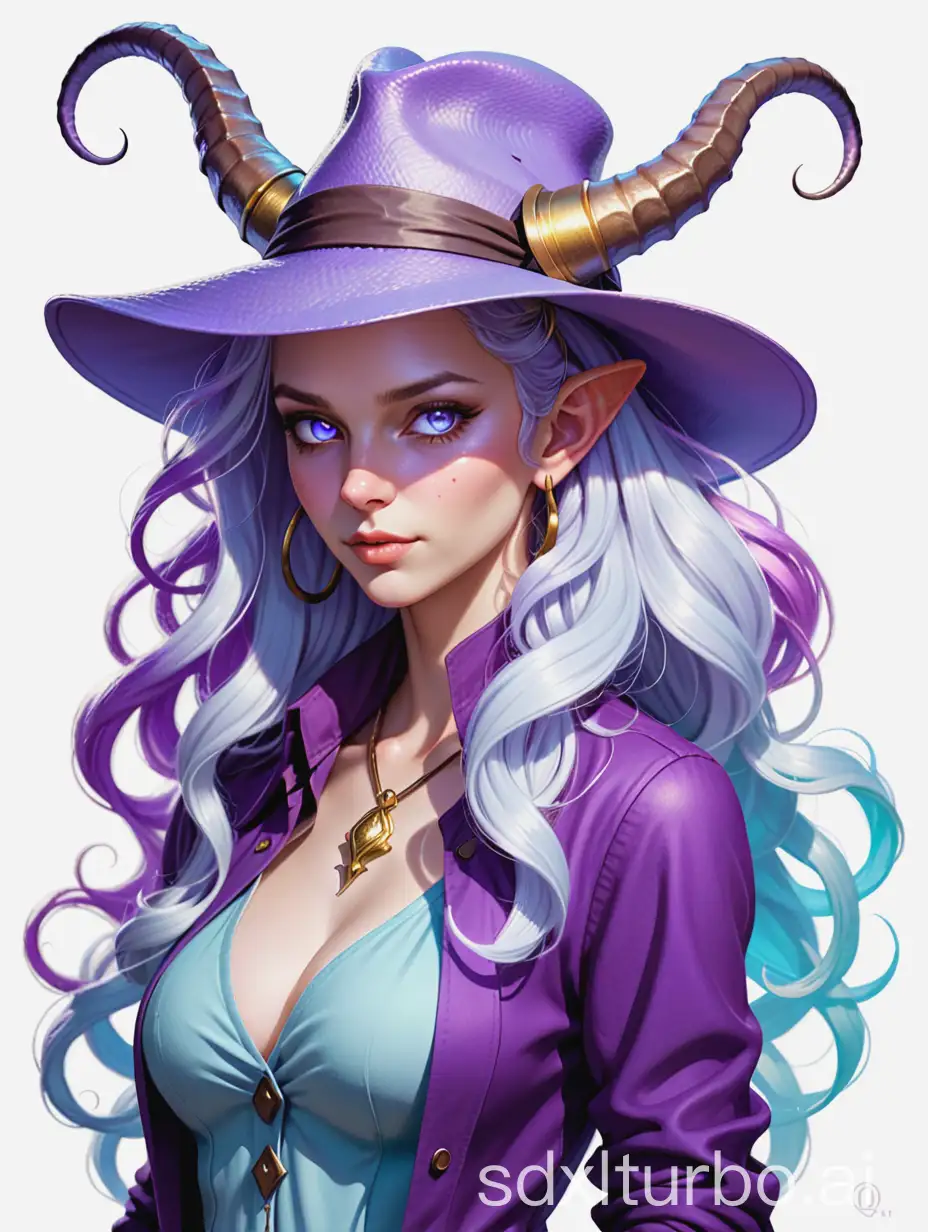 A light blue-skinned tiefling woman with twisting horns protruding form her forehead. She has bright golden eyes, long purple, violet, or silver hair with waves or loose curls. She is wearing a wide-brimmed fedora and Indiana Jones like clothing. There is a tiny purple quill floating in the air nearby. Fantasy art, full body, pale blue skin tone