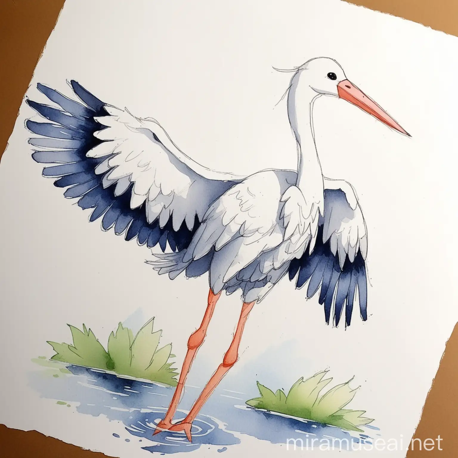 Stork Watercolor Painting Graceful Bird in Aquarelle Style