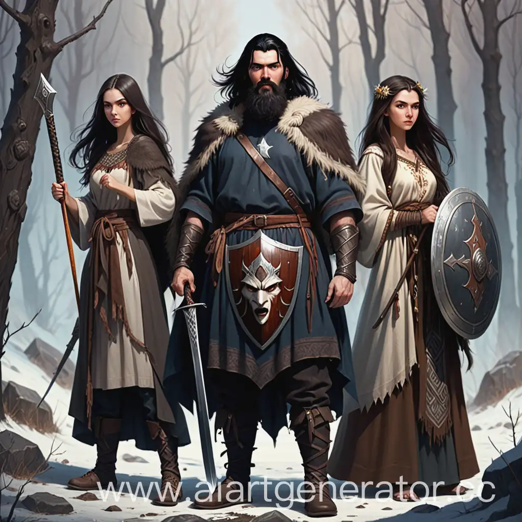 Fantasy-Heroes-Blackhaired-Man-Swordwielding-Warrior-and-Druid-Girl-in-Colorful-Attire