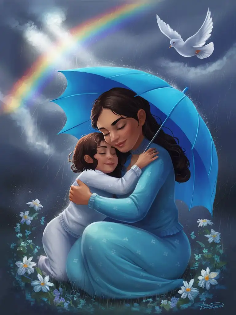 Latina-Mother-and-Child-Find-Comfort-Under-Blue-Umbrella-in-Heartwarming-Digital-Painting