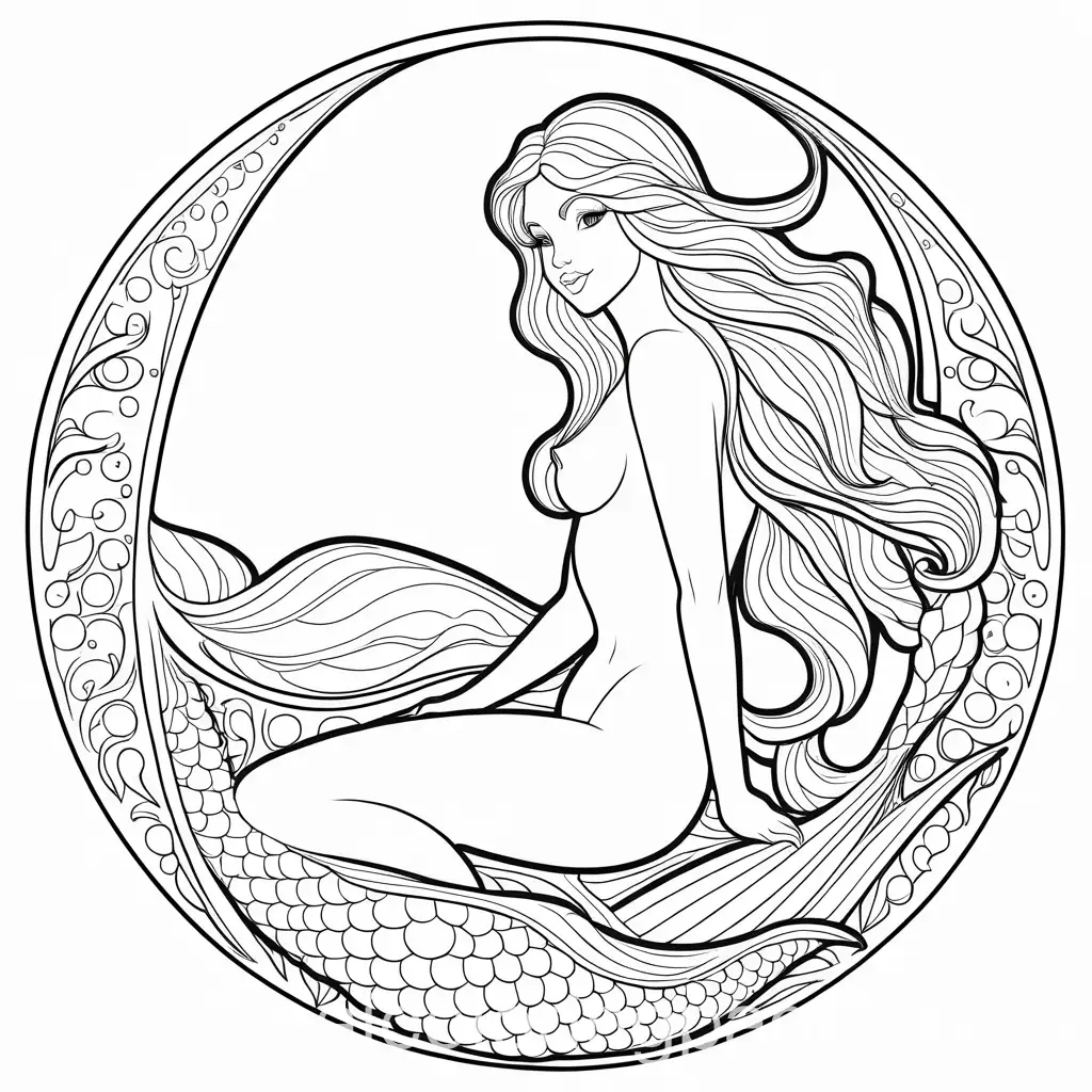 Detailed sexy mermaid, Coloring Page, black and white, line art, white background, Simplicity, Ample White Space. The background of the coloring page is plain white to make it easy for young children to color within the lines. The outlines of all the subjects are easy to distinguish, making it simple for kids to color without too much difficulty