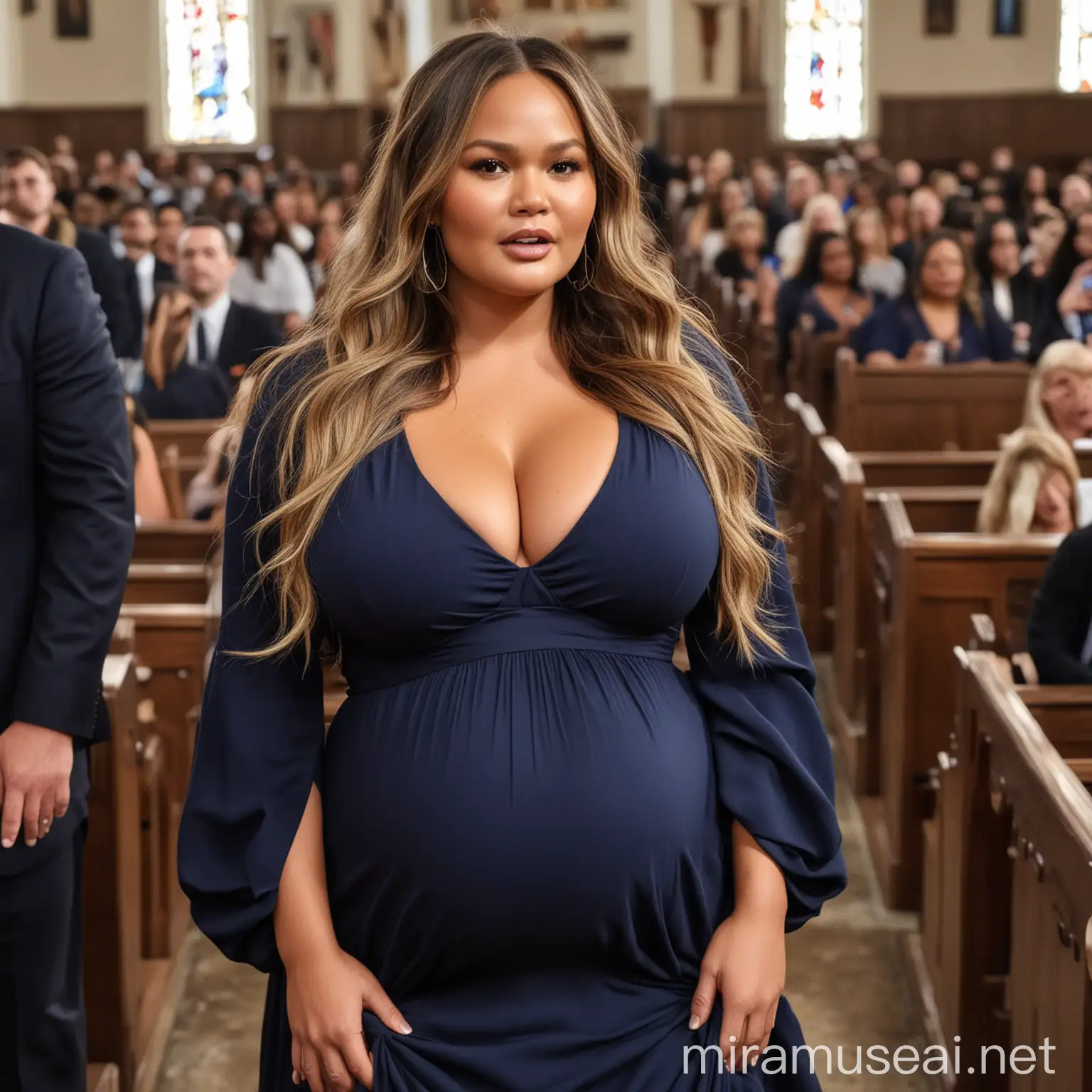 Chrissy Teigen in navy blue dress with big pregnant belly in church, bbw, giant breasts, showing massive cleavage, zoomed in from the waist up, big long kinky hair in a ponytail