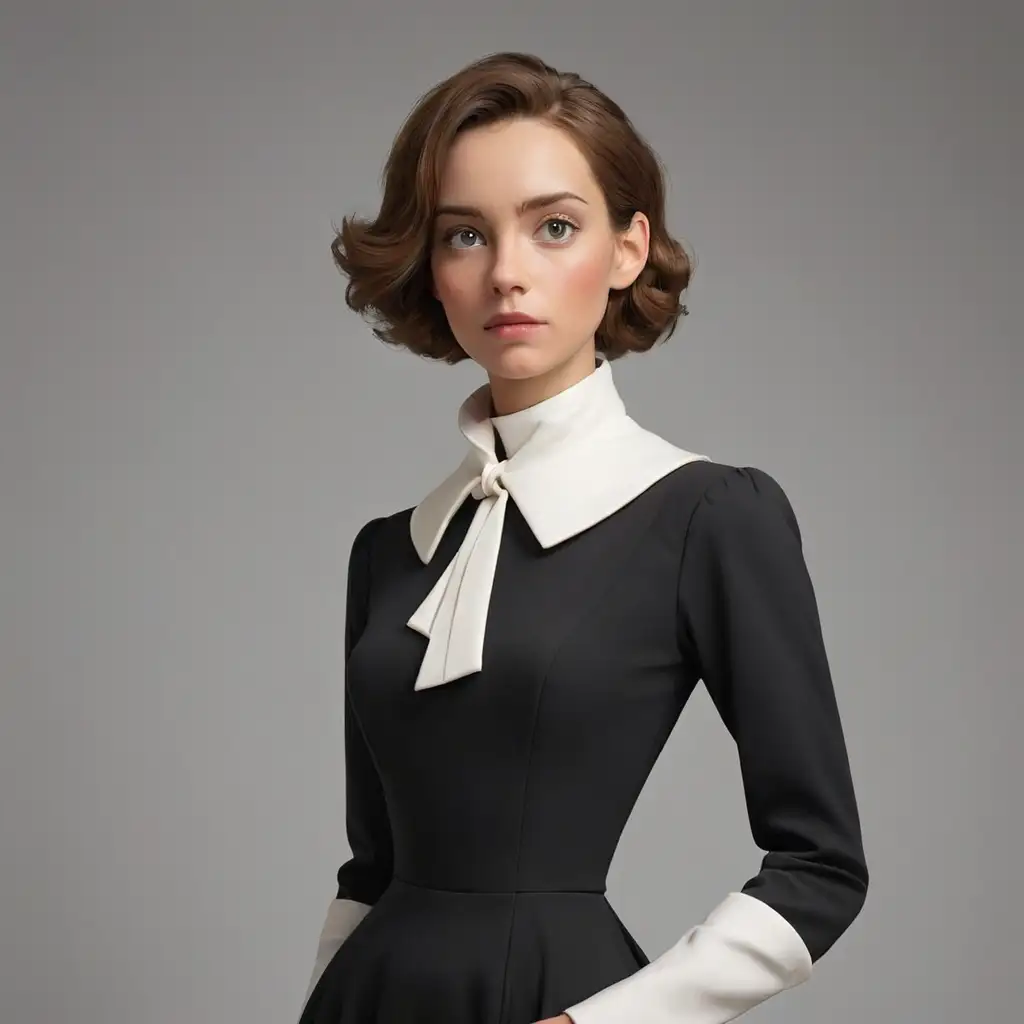 Elegant Woman in Black Dress with Striking White Standing Collar