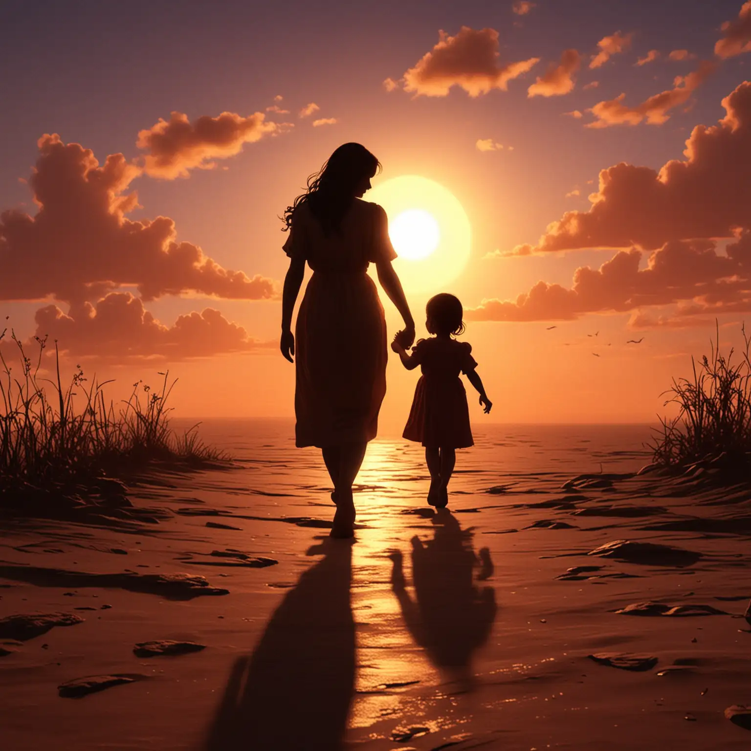 Craft an animation of a silhouette scene where a mother and child walk hand in hand into a sunset, with the sky transitioning from day to night, symbolizing the eternal love and guidance of mothers.