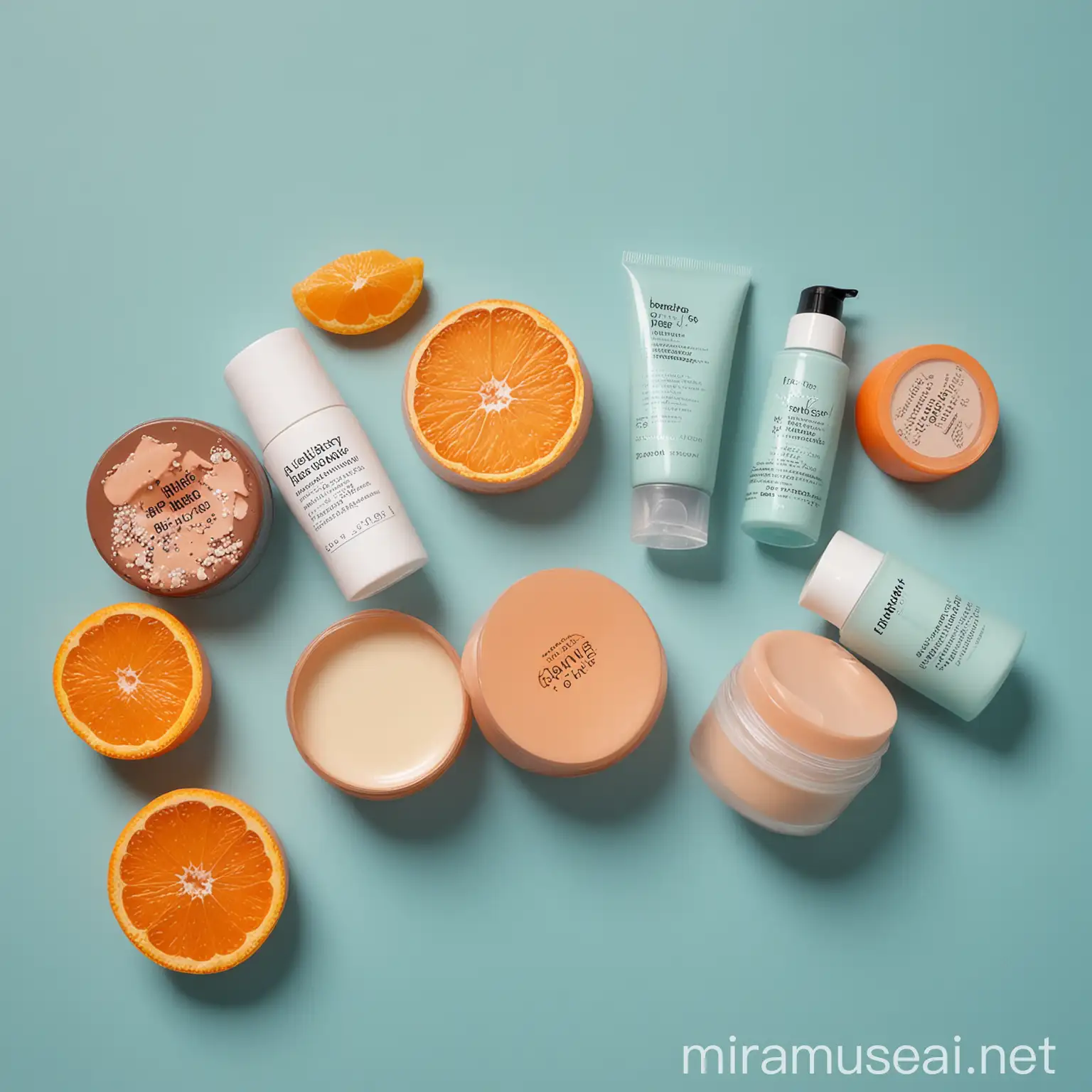 foto realista que muetsre productos de freshly cosmetics en un fondo azul claro y otra en fondo naranja
