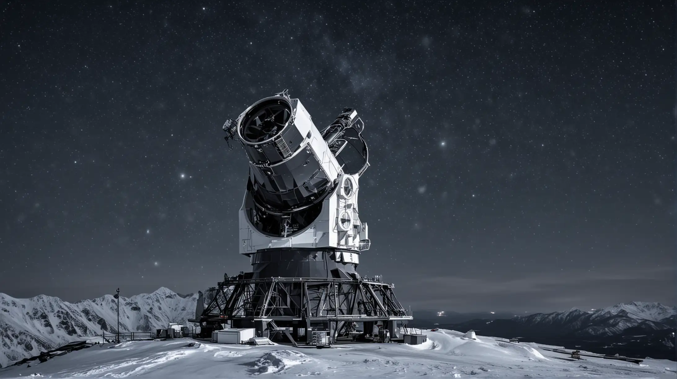 a large telescope on the top of a high mount, dark night, cold and snow