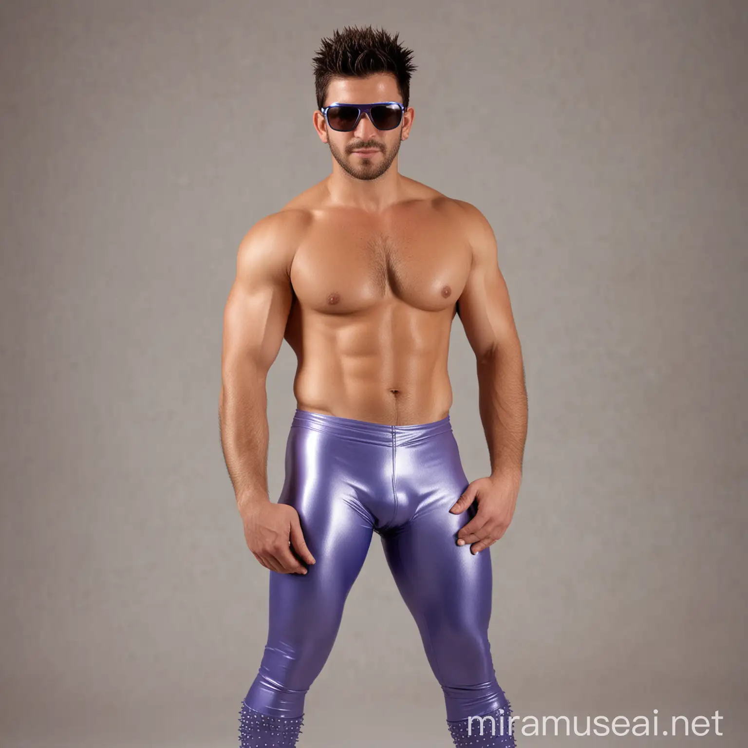 Charming shirtless  32 year old male Argentine wrestler, with short spiky gelled brunette hair; brown skin; sunglasses; very little beard; wearing long periwinkle spandex leggings, in action pose