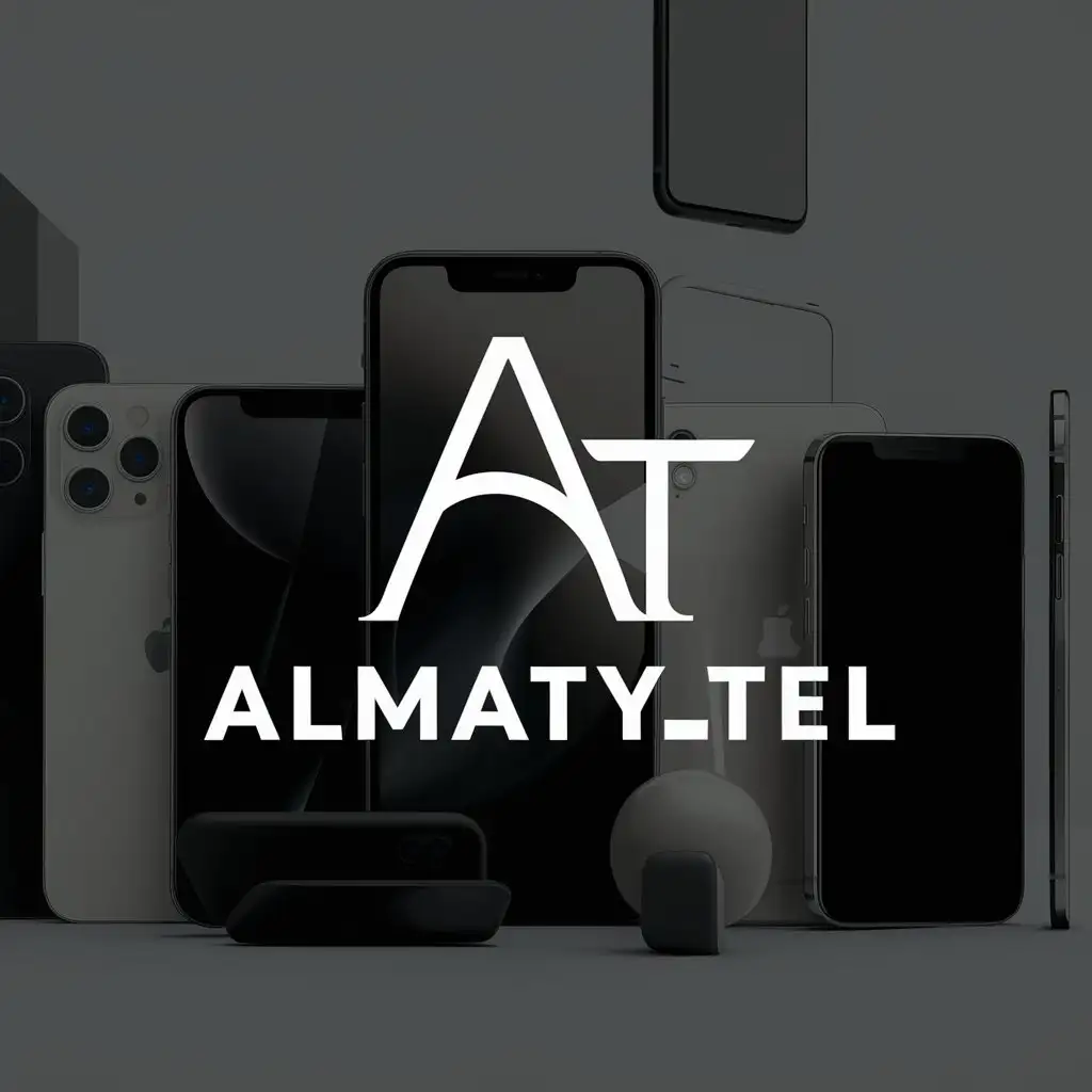 сделай логотип для магазина продажи смартфонов под названием almaty_tel, на заднем плане разные смартфоны на минималистичном стиле