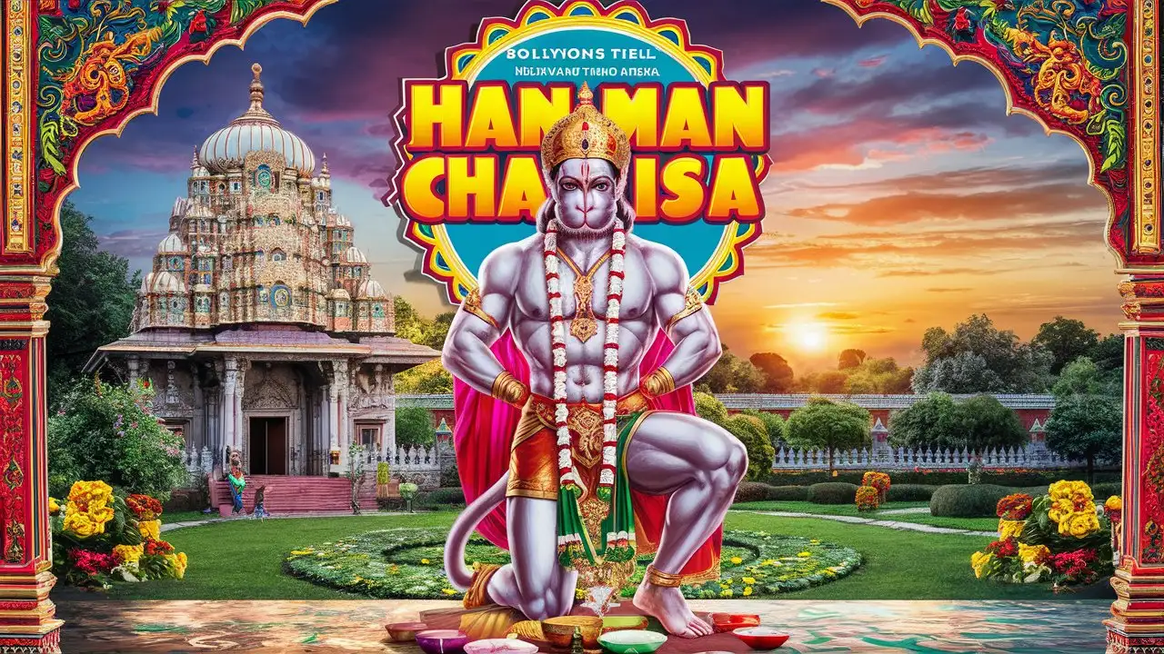 Make a Bollywood poster of Lord Shri Hanuman,  title : " Hanuman Chalisa " Which has garden, temple, sun, colorful splendor and graphics