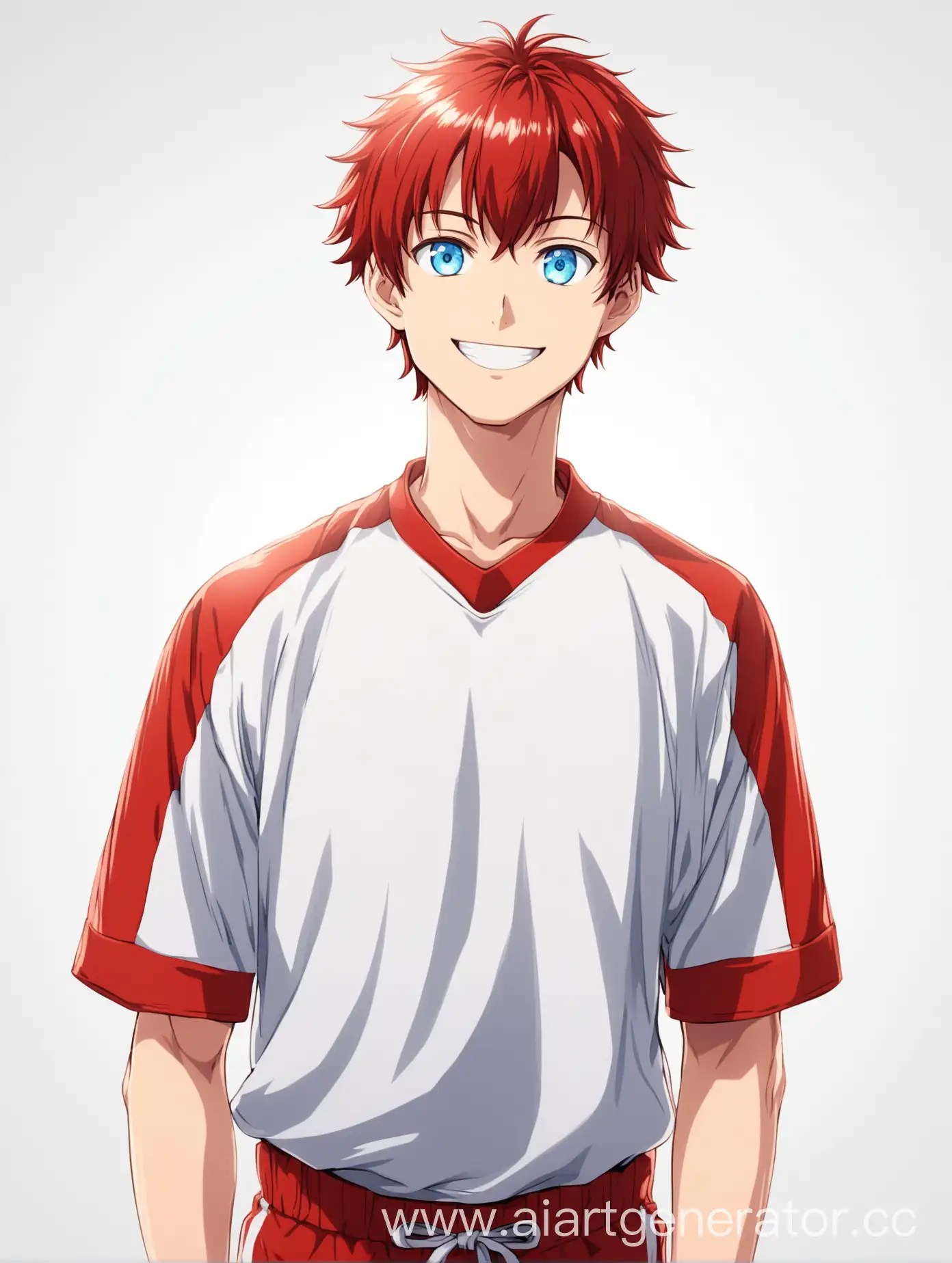 Аниме парень в красной спортивной форме, с голубыми глазами и светлыми короткими волосами улыбается. Изолированный объект на белом фоне, фото по пояс