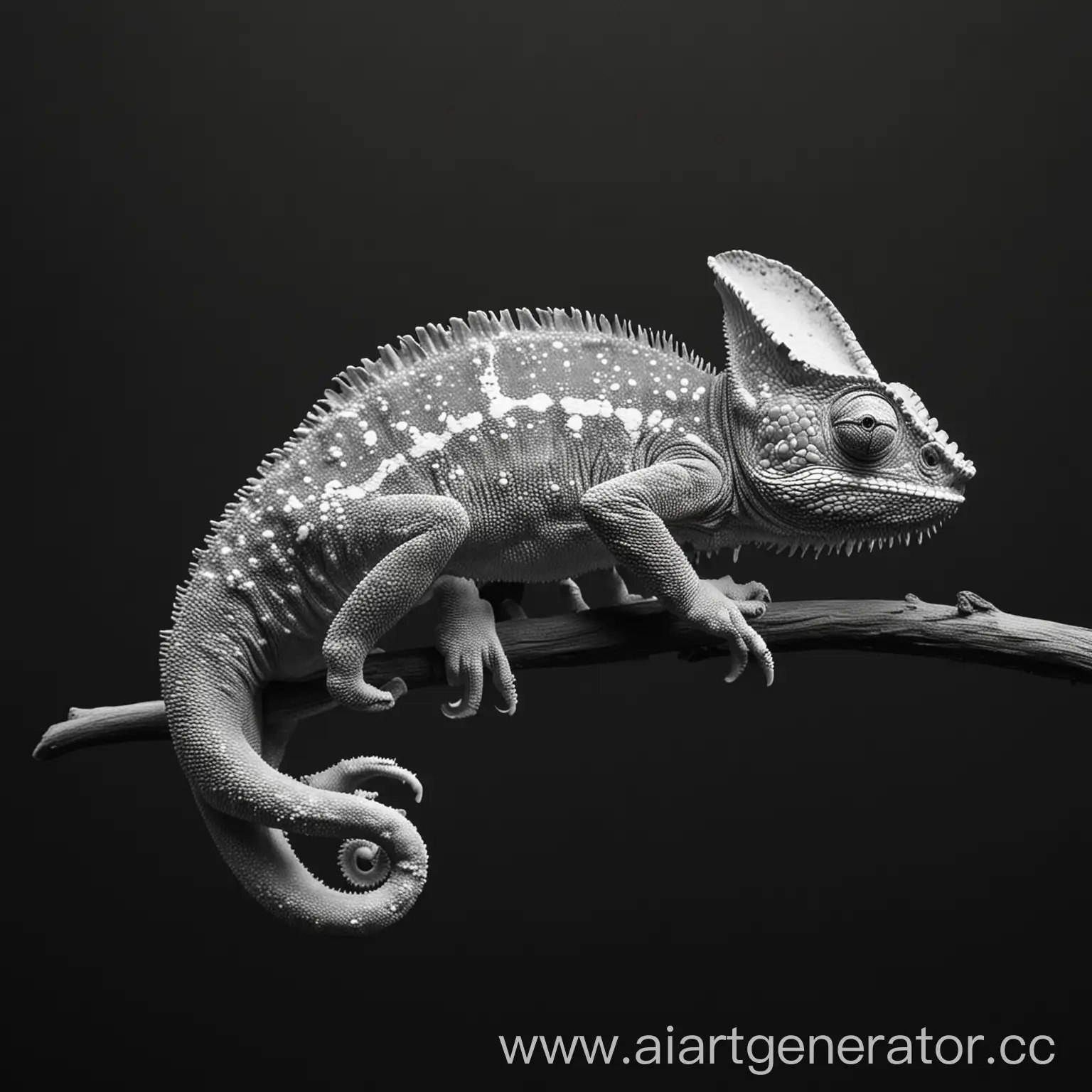 Chameleon-with-Four-Horns-on-Black-Background-in-White-Color